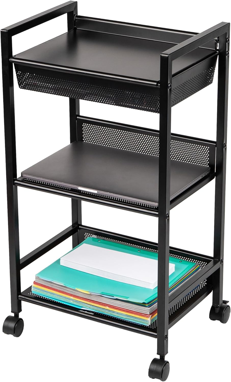 Mind Reader Cart with Covered Compartment, Office Organizer, Storage, 3-Tier, Office, Metal, 15.5" L x 11" W x 28.25" H, Black