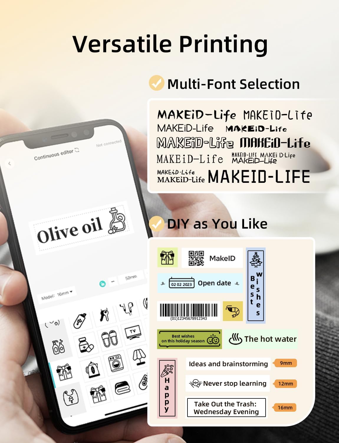 Makeid L1 Label Maker Machine with Tape Includes 3 Rolls - Portable & Rechargeable Label Makers Compatible with 9 12 16mm Tape - Mini Bluetooth Labeler for Organizing Office Home School