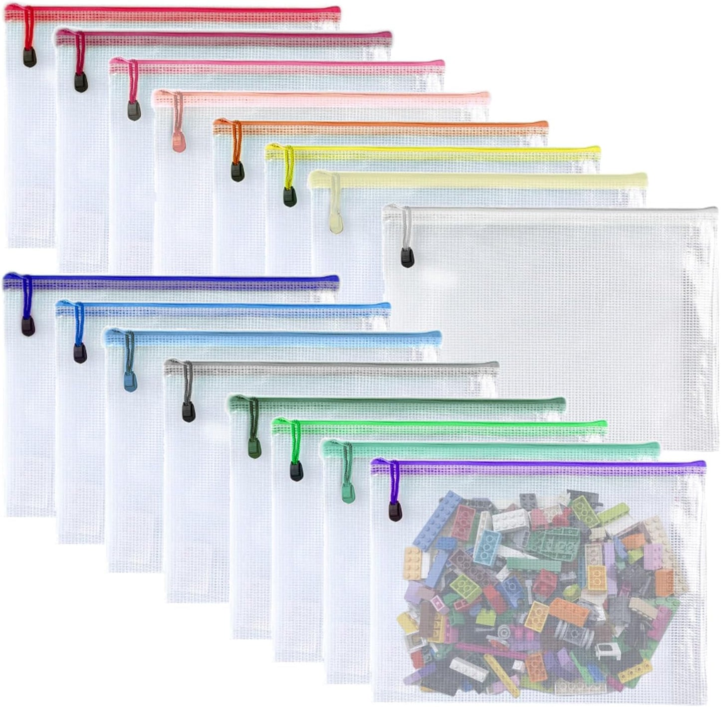 Oaimyy-16 PCS-9 x 12 inches-Mesh Zipper Pouch, Plastic Zip File Folders Puzzle Bags for Organizing,for Office Supplies,Travel,Home Storage-Multicolor