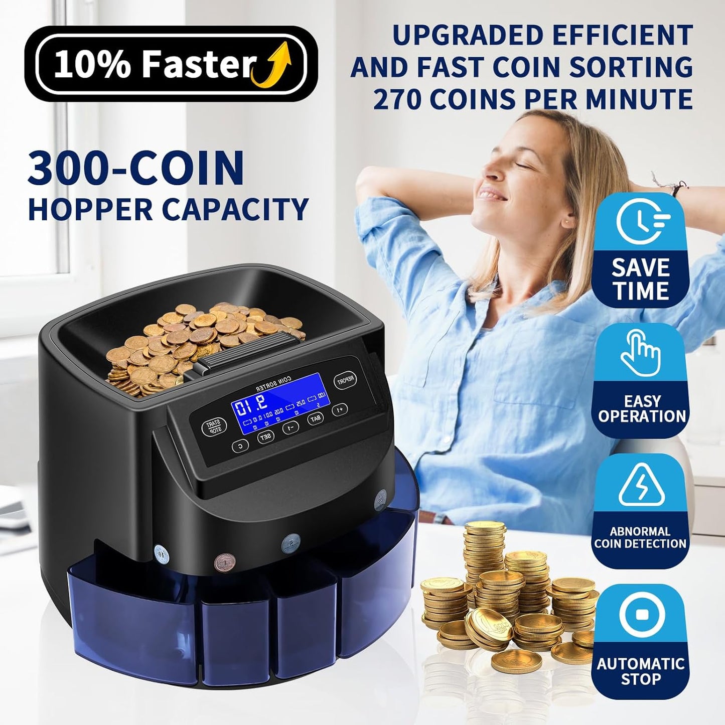 Coin Counter and USD Coin Sorter with LCD Display, Automatic Change Counter for 1￠ 5￠ 10￠ 25￠ $1, 270 Coins/min, 300-Coin Capacity, Coin Sorter and Wrapper Machine for Fast & Accurate Sorting