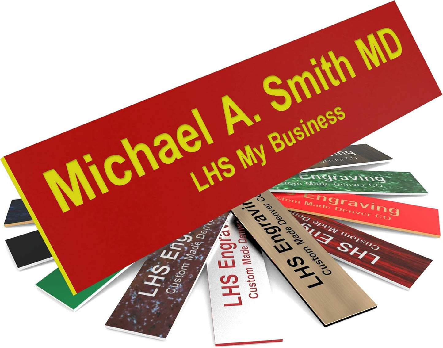 Door Name Plate Personalized for Office Red Plastic Name Plate with Yellow Letters - Made in USA 2x8 B22