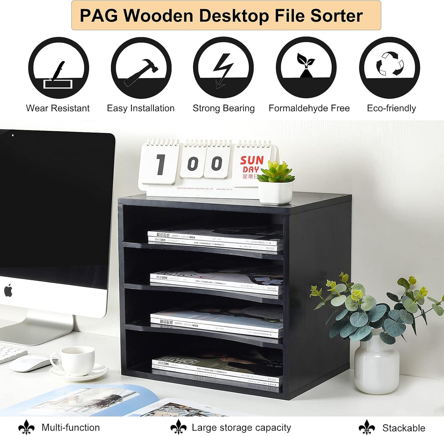 PAG Mail Sorter Organizer, Wood Countertop Literature Organizer, Office Supplies Desktop File Bill Paper Organizer for Office Home School, 4 Compartments, Black