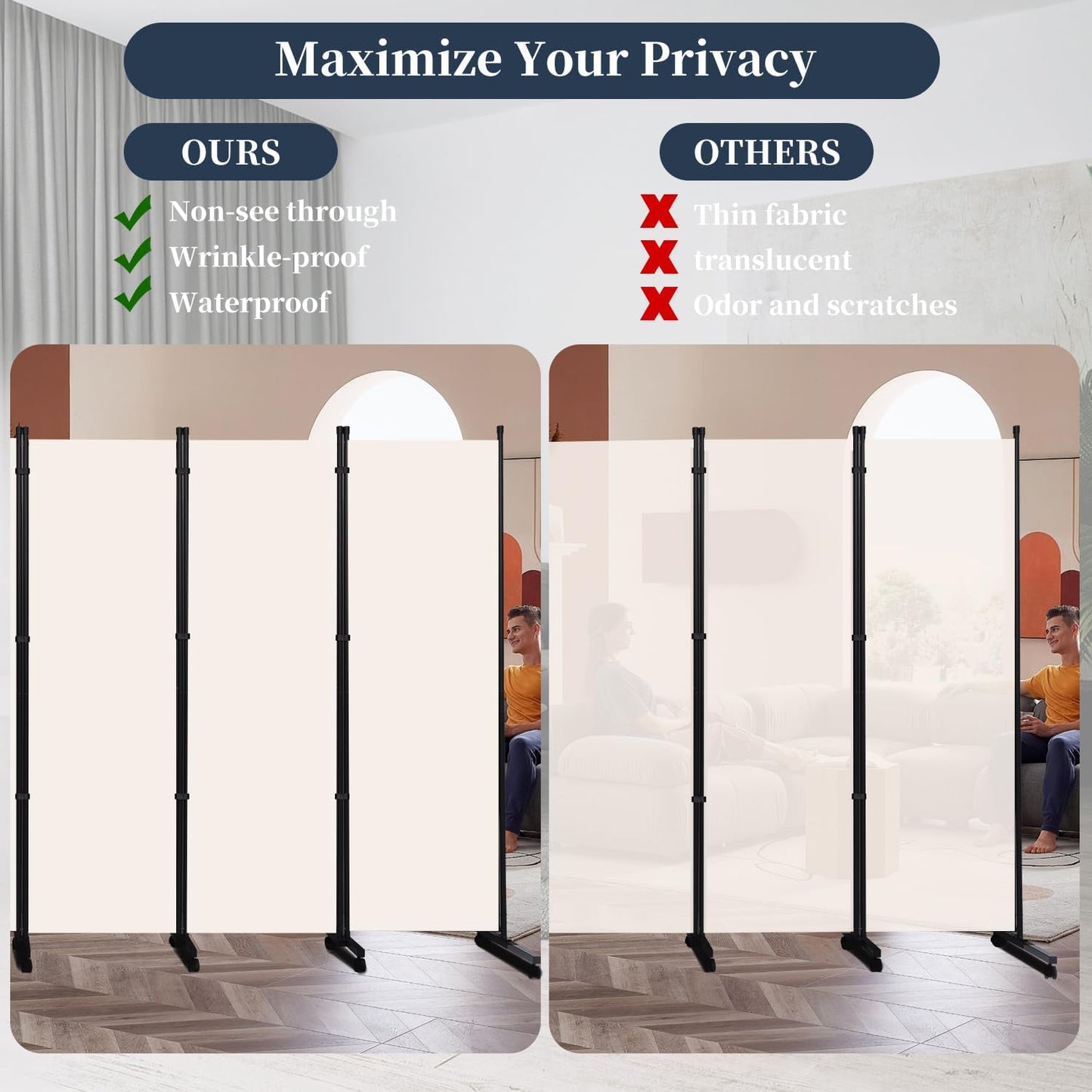 Room Divider Folding Privacy Screens with Lockable Wheels, 176'' Fabric Partition Room Dividers Freestanding Room Divider Panel for Room Separation, Wall Divider for Home Office Bedroom Studio Decor