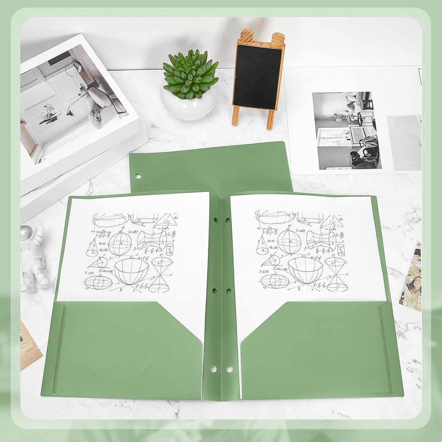 Yeaqee 100 Pcs Plastic Folders with Pockets Bulk 3 Hole Punched 2 Pocket File Folders for 3 Ring Binder Divider Folder for Notebooks, Durable Poly for Office Home (Sage Green)