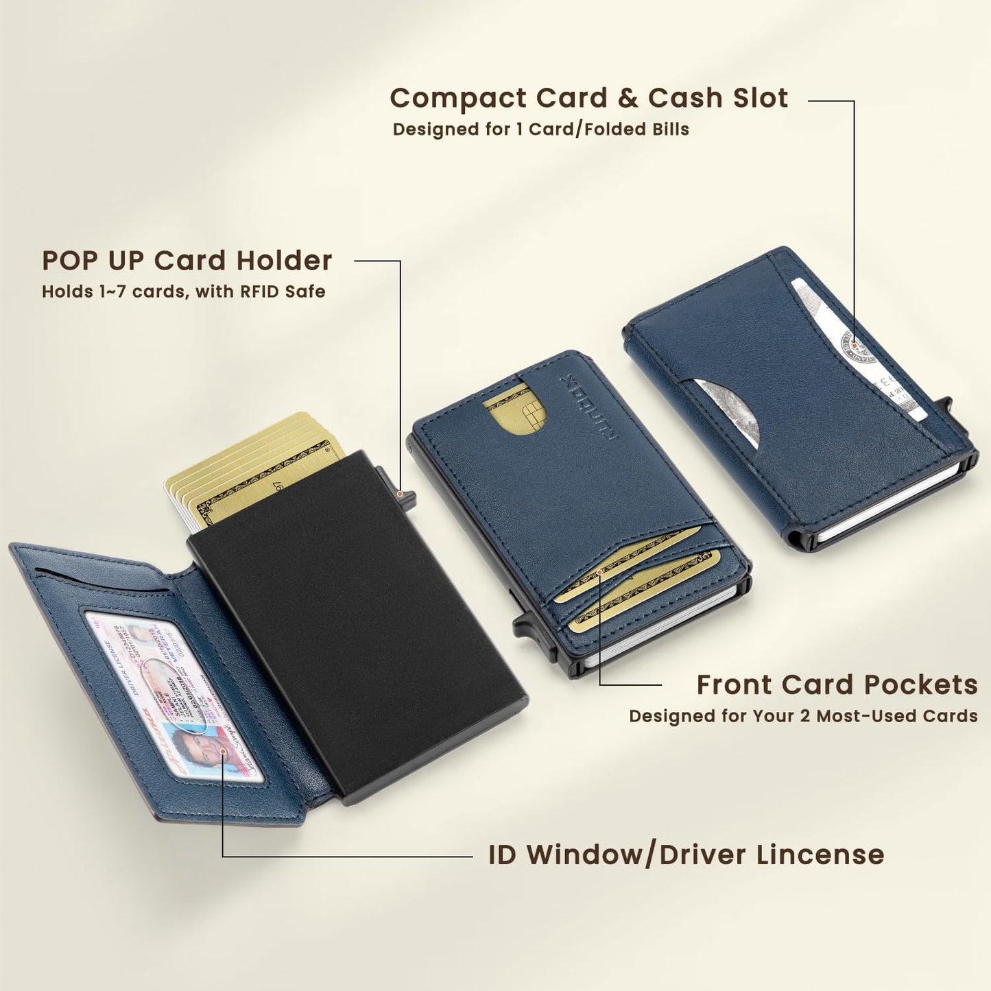 Slim Card Wallet for Men with ID Window – Minimalist RFID Wallet, Pop-Up Function, Ultra Thin Design, Metal Business Card Case Holds 8+ Cards, Gifts for Men, Men's Accessories