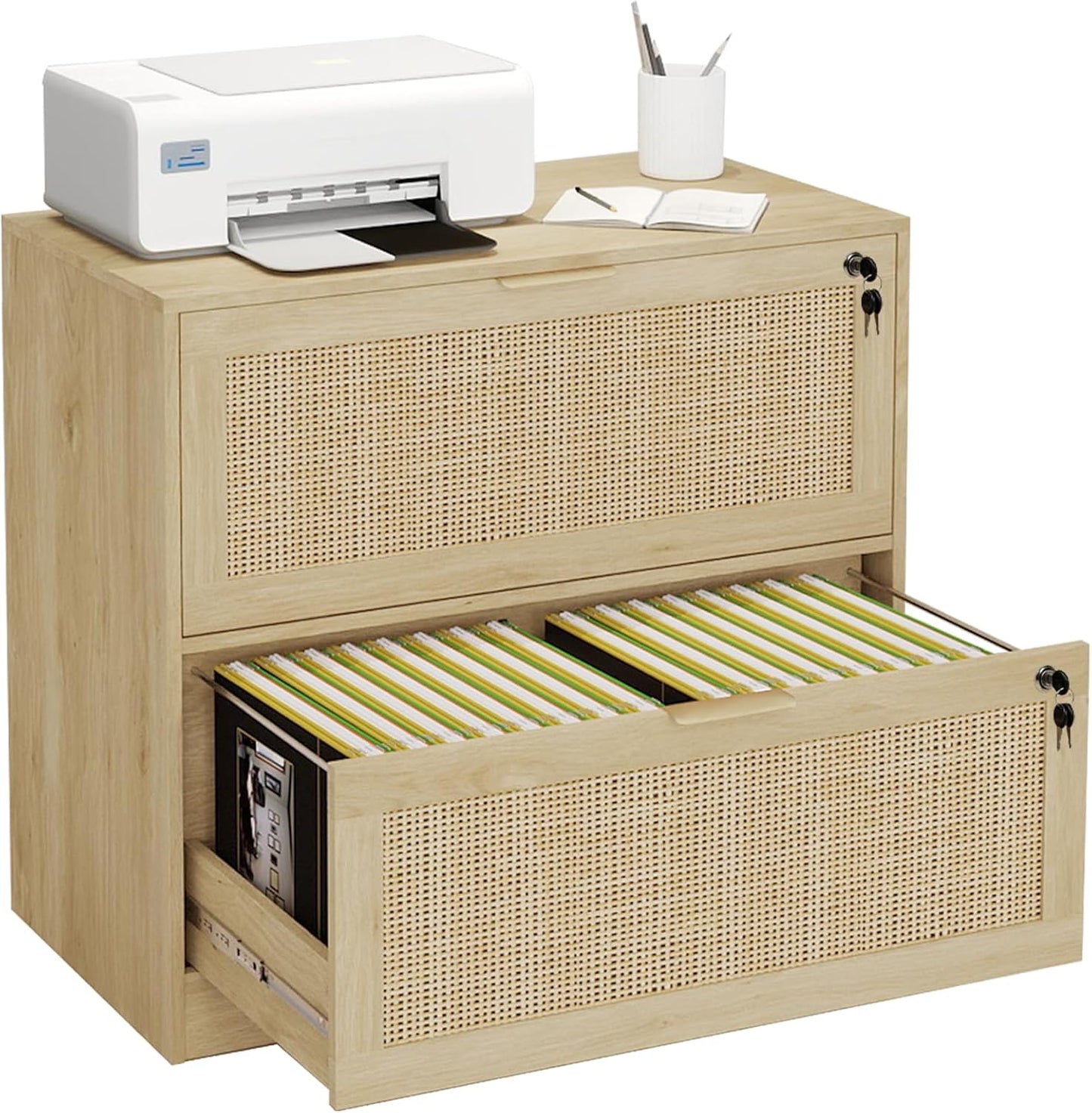 HOPUBUY 2 Drawer File Cabinet with Lock, Printer Stand Lateral Filing Cabinets for Home Office and School, Wood Rattan File Cabinet for Hanging Files/Letter/Legal/A4/F4 Size, Oak