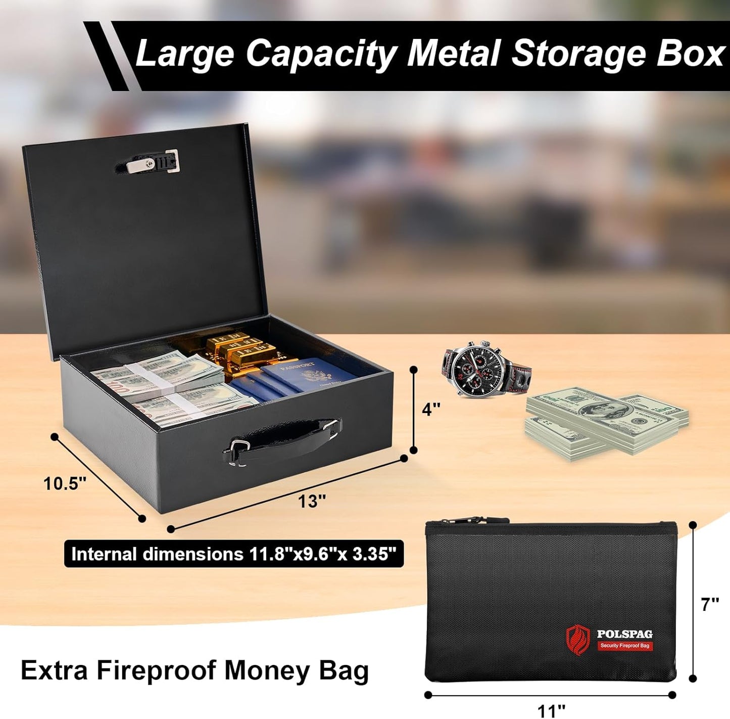 Fireproof Document Box with Key Lock & Fireproof Money Bag,Fire Safe Box for Valuables,Fire Resistance Security Chest,Fireproof Box for Documents,Passport Extra Large (Black-Combination, Large)