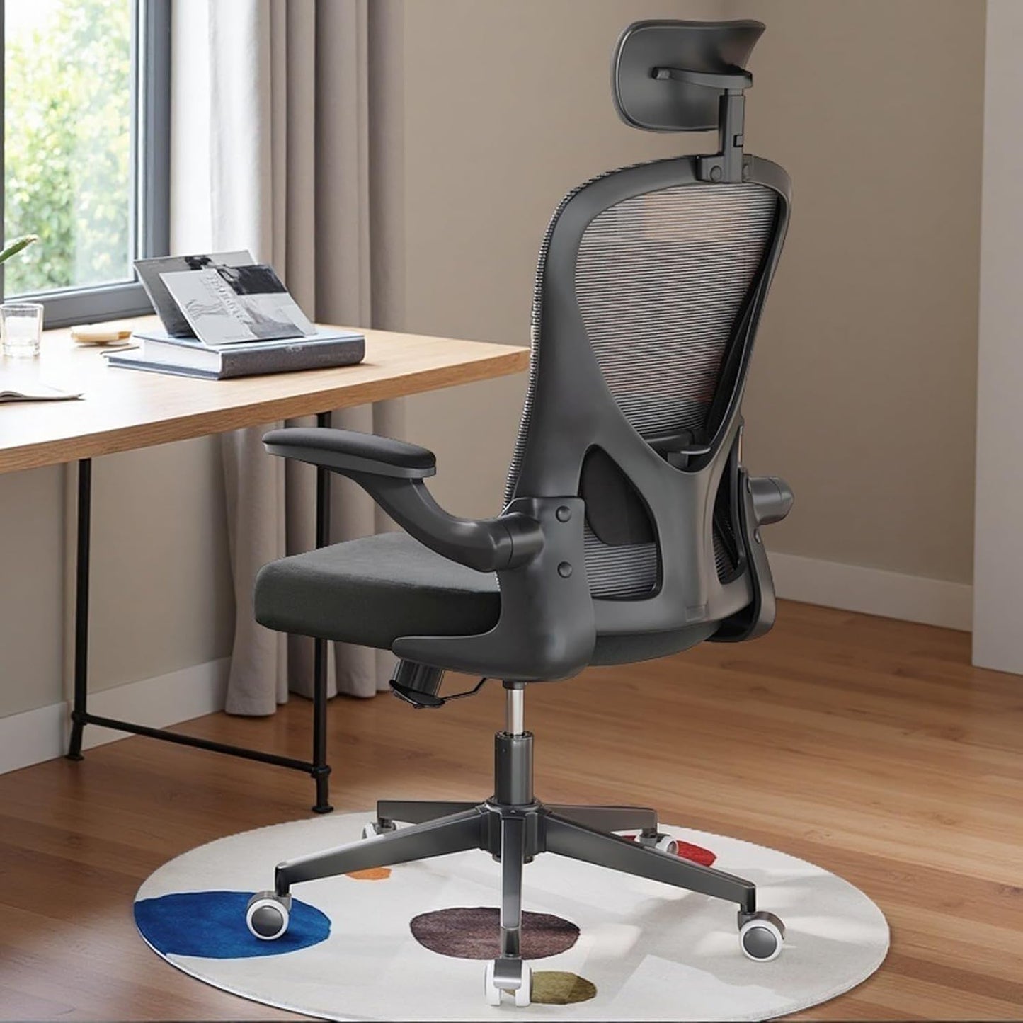 Ergonomic Office Chair with Adjustable Lumbar Support & Flip-Up Armrests - High Back Computer Desk Chair with Thickened Seat Cushion, Rolling Wheels for Home/Office Study Work