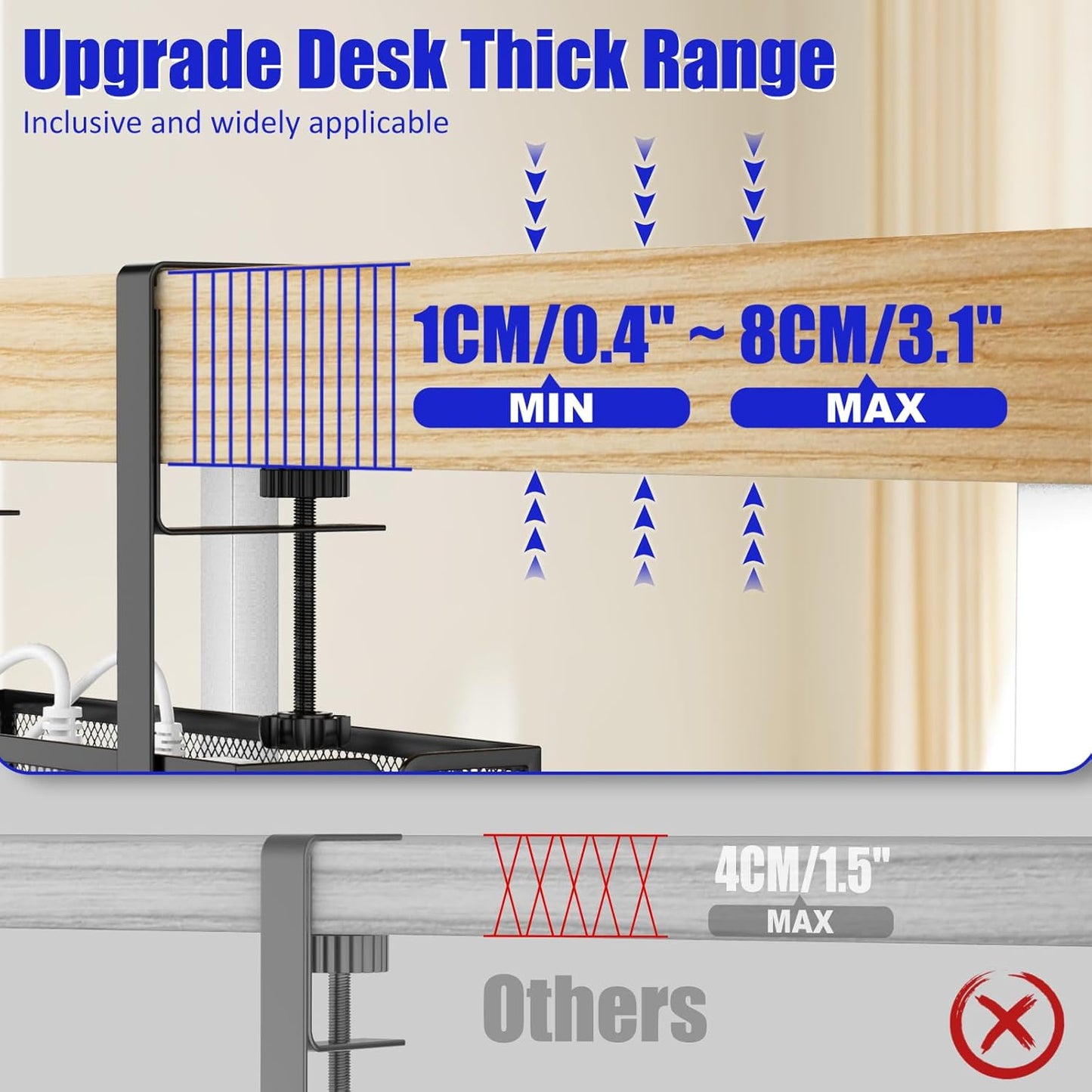 REFLYING Under Desk Cable Management Tray, Metal Long Arms(3.9in), No Drill Mesh Desk Cable Tray, Wire Management Tray Cable Management Box for Office, Desk Cable Tray Wire Organizer, 1 Pack, Black