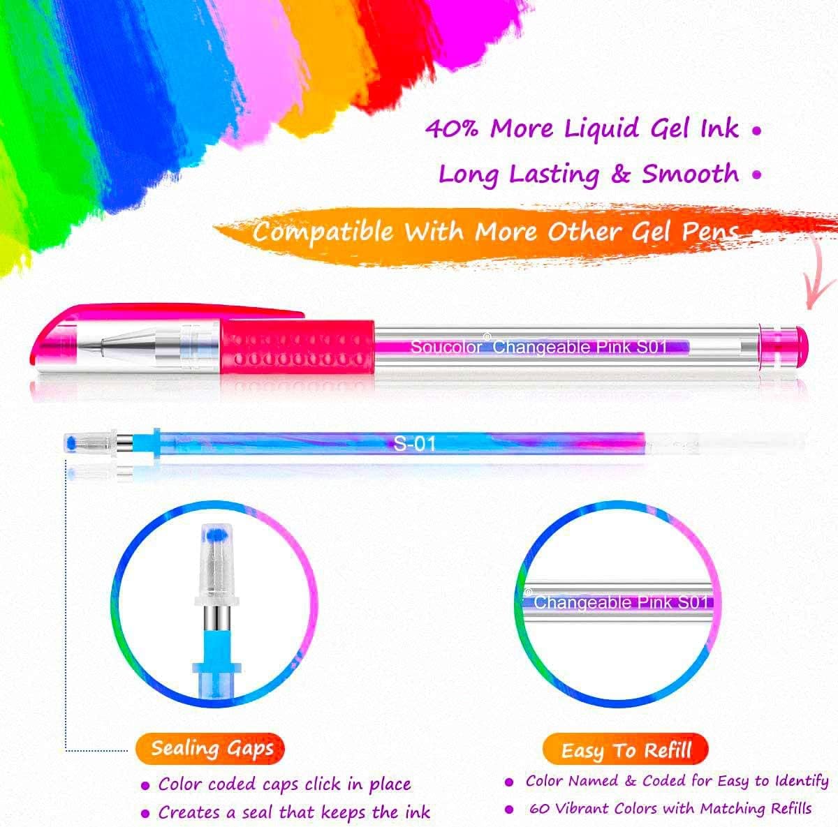 Soucolor Markers for Adult Coloring Books, Coloring Markers for Teacher Appreciation Gift School Office Supplies, 120-Piece Art Set: 60 Gel Pens + 60 Refills with Travel Case for Kids Card Making