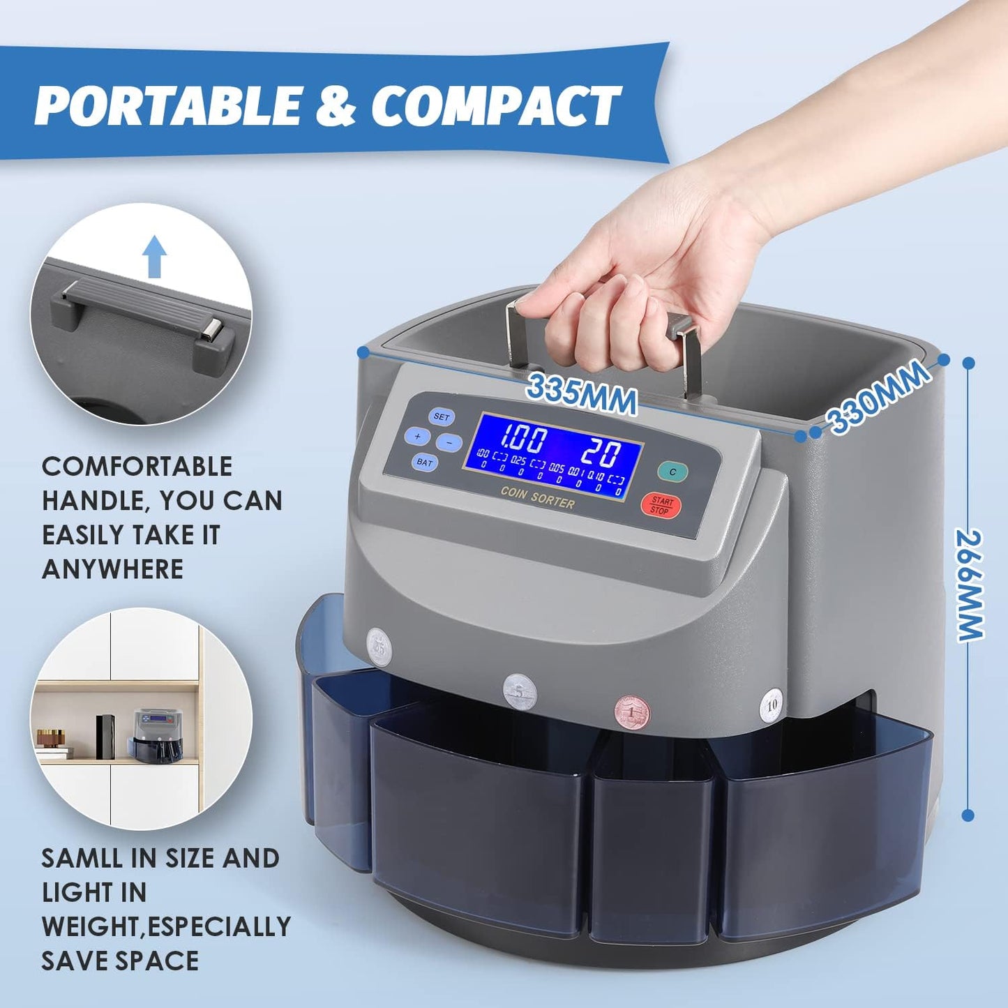 US Coin Counter Machine, Auto Coin Sorter/Wrapper/Roller Machine for Coins 1¢, 5¢, 10¢, 25¢, 1 Dollar, Max. Counting Speed 250 Coins/min, with Coin Bins&Tubes and Coin Roll Wrappers