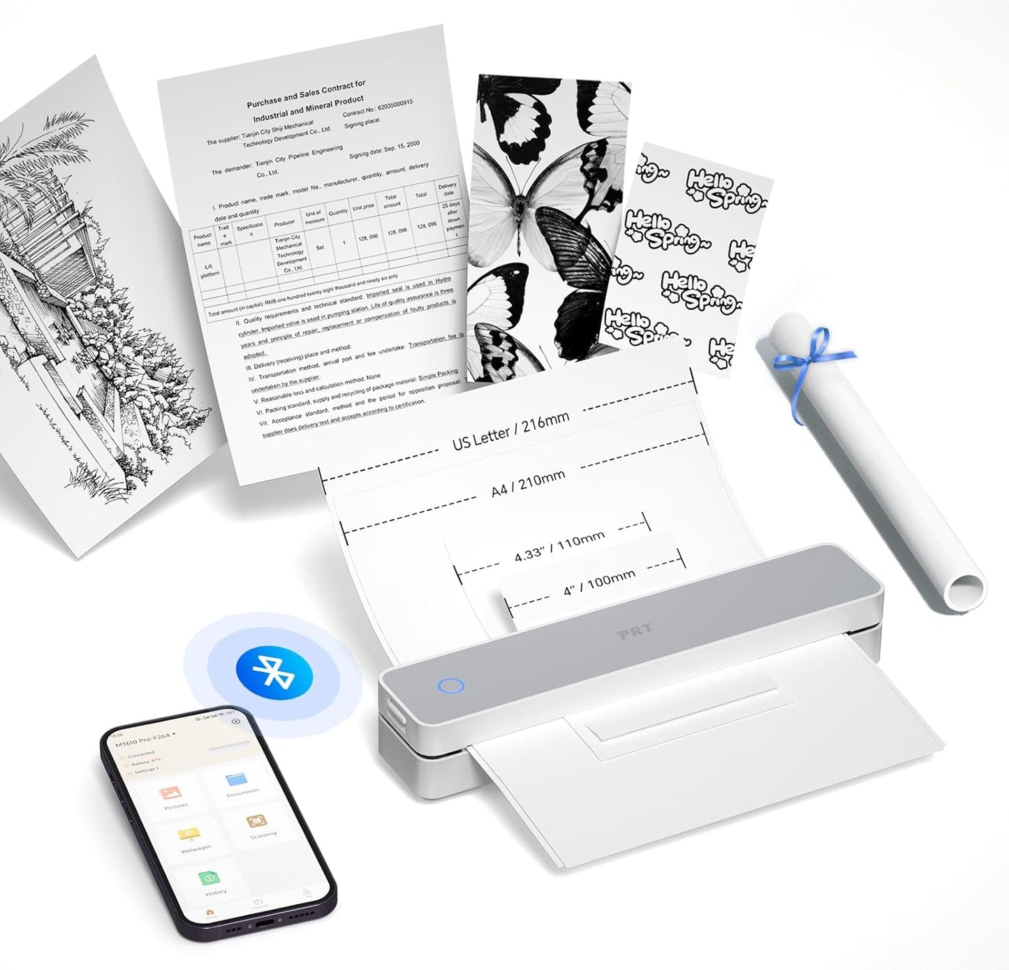 PRT Thermal Portable Printer Wireless for Travel, Inkless Bluetooth Support 8.5"x11" US Letter, A4, Compatible with iOS, Android, Laptop, Mobile Printer for Office, Vehicle, Home Use