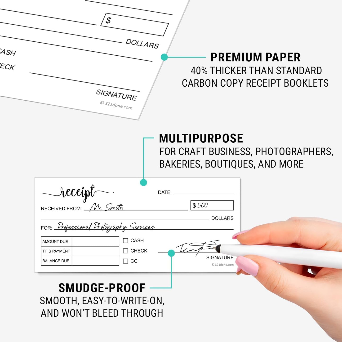 321Done Receipt Book 2-Pack, 2.75x6 Pocket Size 2-Part Carbonless, Made in USA, Cute Handheld Duplicate Copy Order Form for Craft Boutique Business (50 Sets) White/Yellow