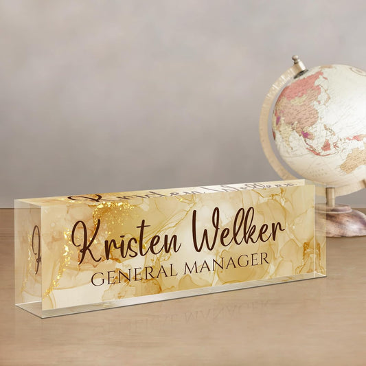 Gowellly Desk Name Plate Personalized - Custom Acrylic Name Plate for Desk - Enterprise Custom Logo/Text nameplates - Employee Appreciation Gifts (Golden Gilt)