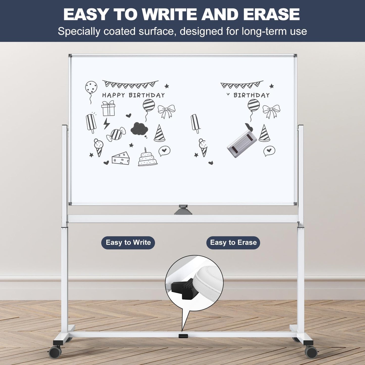 White Board on Wheels, 48 x 32 Inches Height-Adjustable Large Rolling Whiteboard, Mobile Magnetic Dry Erase Board with Stand, Double-Sided Standing Whiteboard for Office, Home, Classroom, School