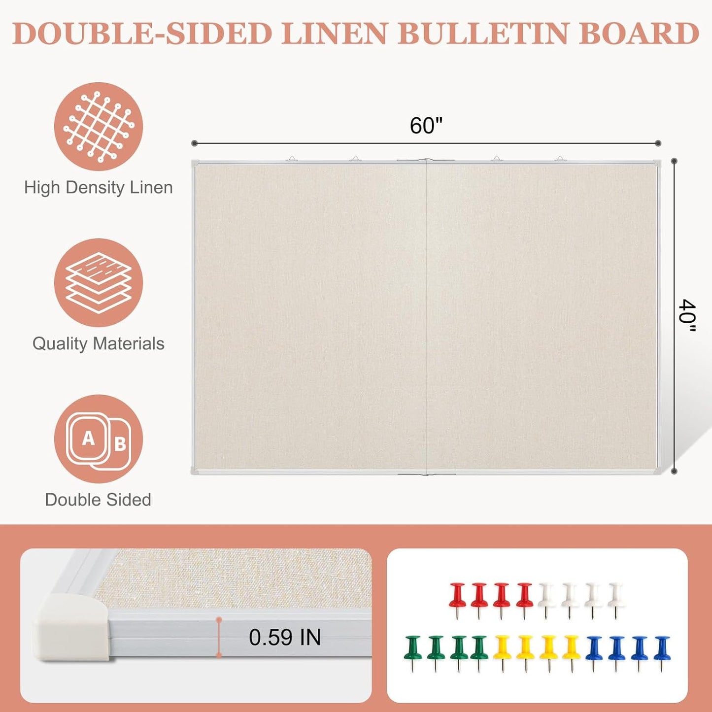 Double-Sided Large Cork Board with Linen, 60" x 40" Foldable Hanging Aluminum Framed Bulletin Board, Vision Board Pin Board Corkboards for Walls, Office, School Decor, 20 Pushpins