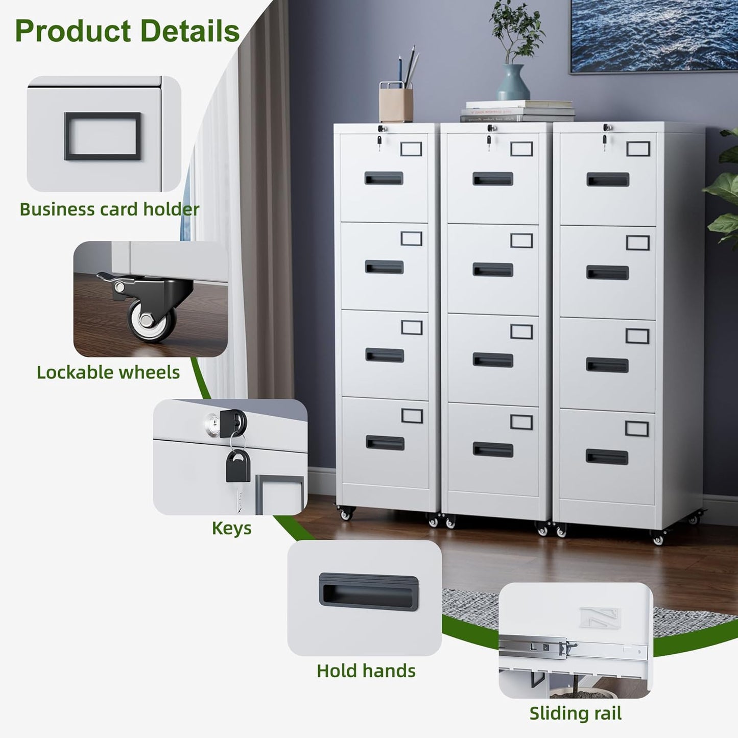 Aobabo File Cabinet 4 Drawer with Wheels, Lockable Office Metal Filing Cabinet with Name Card for Office and Home,Required Assembly,White