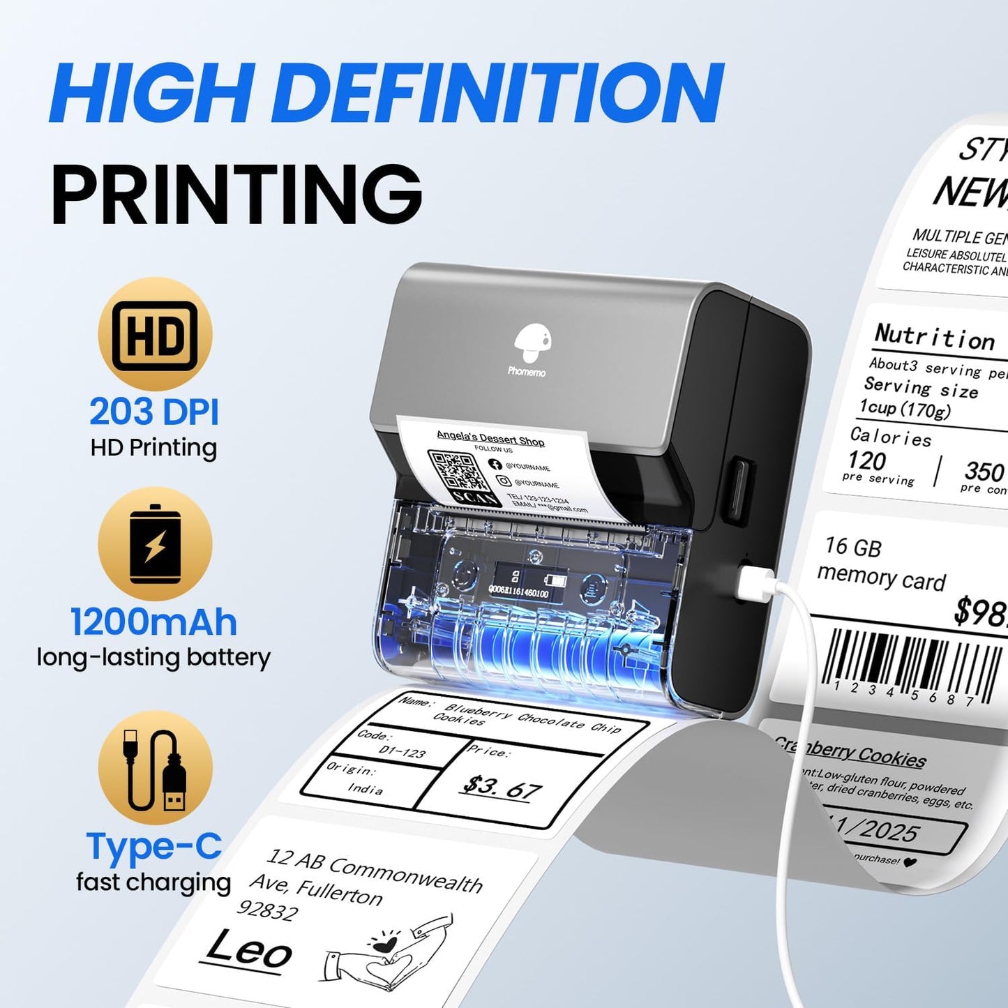 Phomemo Label Makers- Barcode Label Printer M221 3 Inch Label Maker Bluetooth Thermal Printer for Small Business/Home Use, for Barcode, Address, Logo, Stickers, Compatible with Phone & PC, Gray