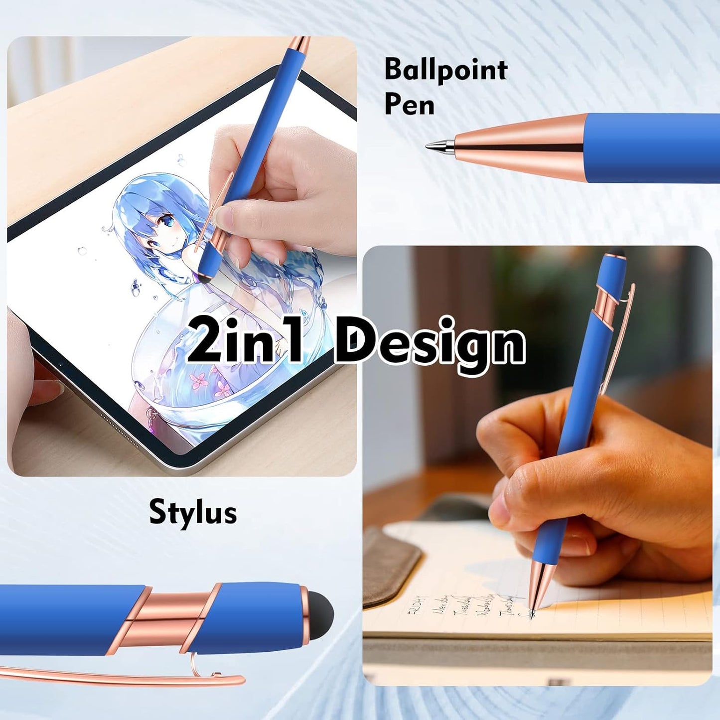 12 PCS 2 in 1 Stylus Ballpoint Pen with Stylus Tip, 1.0 mm Black Ink Metal Pen Stylus Pen for Touch Screens (Rose Gold & Light Blue)