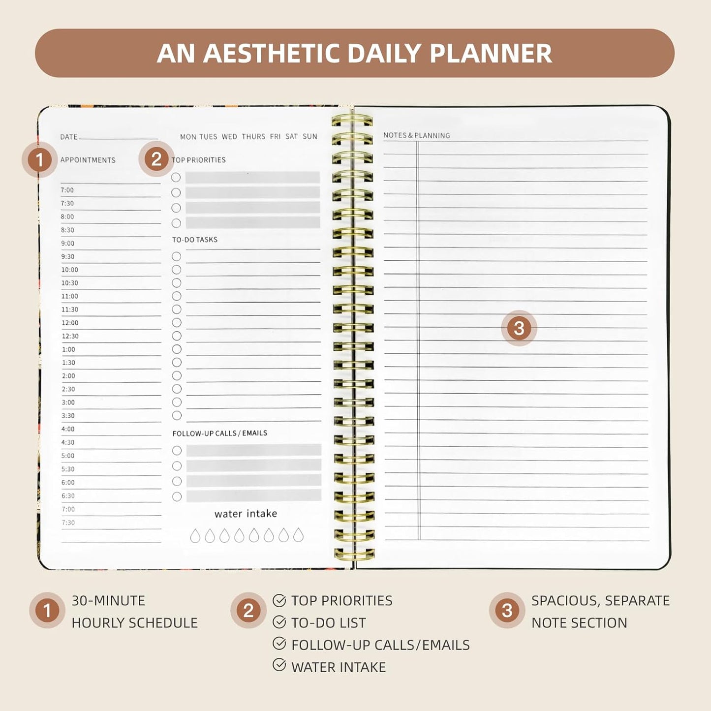 Undated Daily Planner - Spiral Notebook 80 Days One Day Per Page, Hourly Schedule, To-Do List, Notes, Everyday Planning Task, A5 Hardcover Journal Organizer Book Women Cute Aesthetic, Mushroom