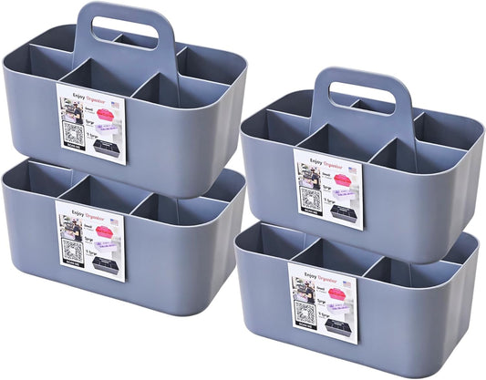 Small Stackable Plastic Caddy with Handle 6 Compartment | Desk, Makeup, Dorm Caddy, Classroom Art Organizers - 4 Pack, Made In USA (Orion Gray)