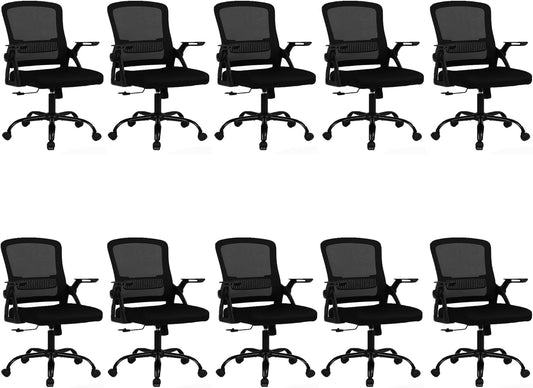 Ergonomic Desk Chair with Lumbar Support, Breathable Mesh with Flip-up Armrests and Mid Back, Comfortable Task Computer Height Adjustable Swivel Chair (10, Black)