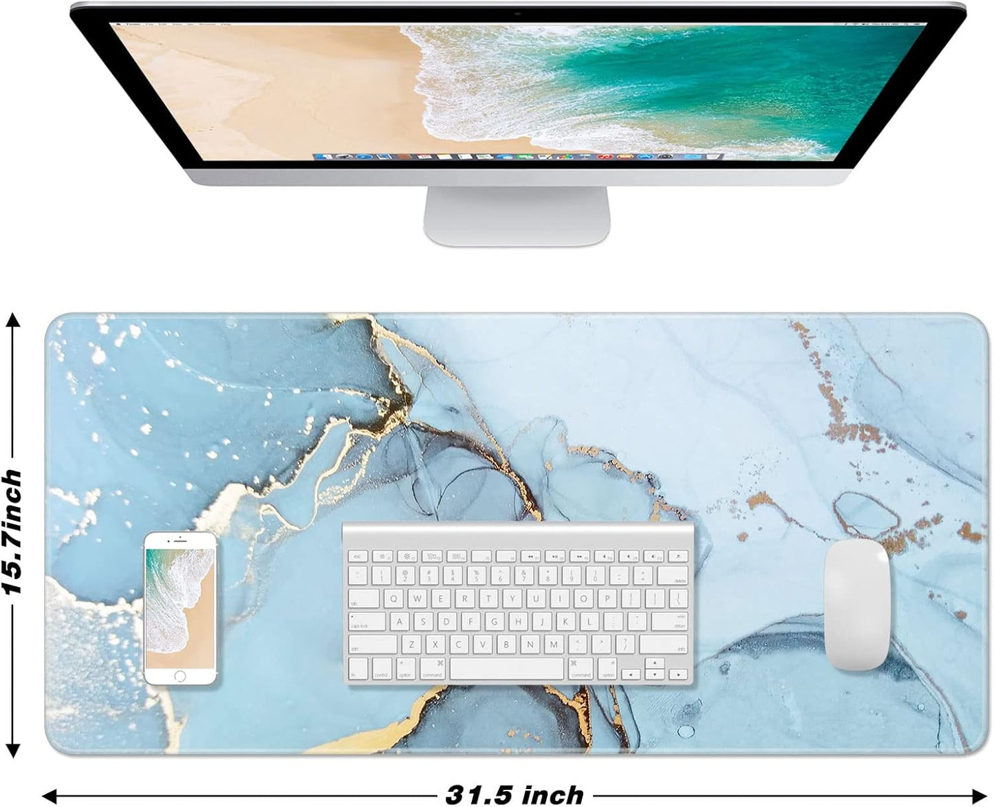 Extended Large Mouse Pad, XXL Gaming Desk Pad 31.5 x 15.7 Inch, Big Computer Keyboard Mousepad, Waterproof Mouse Mat with Stitched Edges and Non-Slip Base for Office Gaming, Blue Marble