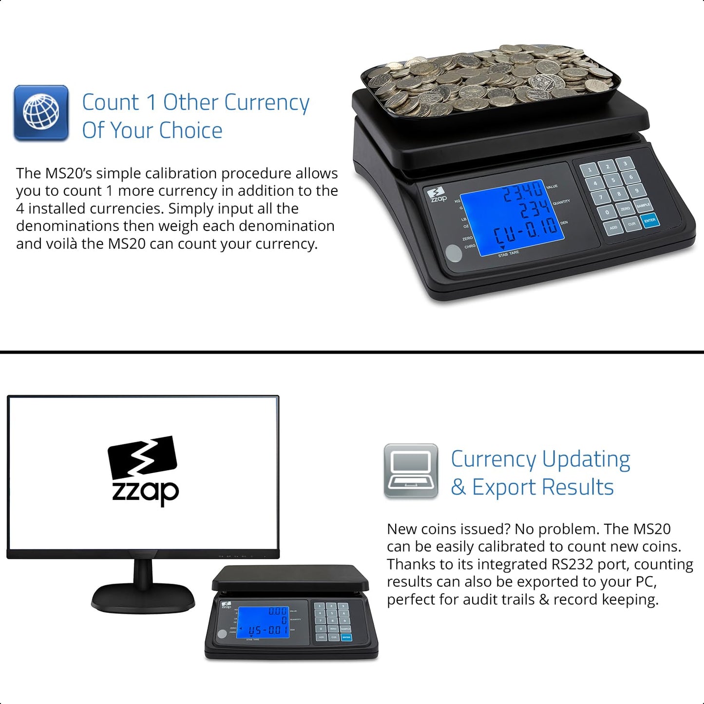 ZZap MS20 Coin Counting Scale - Money Cash Currency Weighing Machine