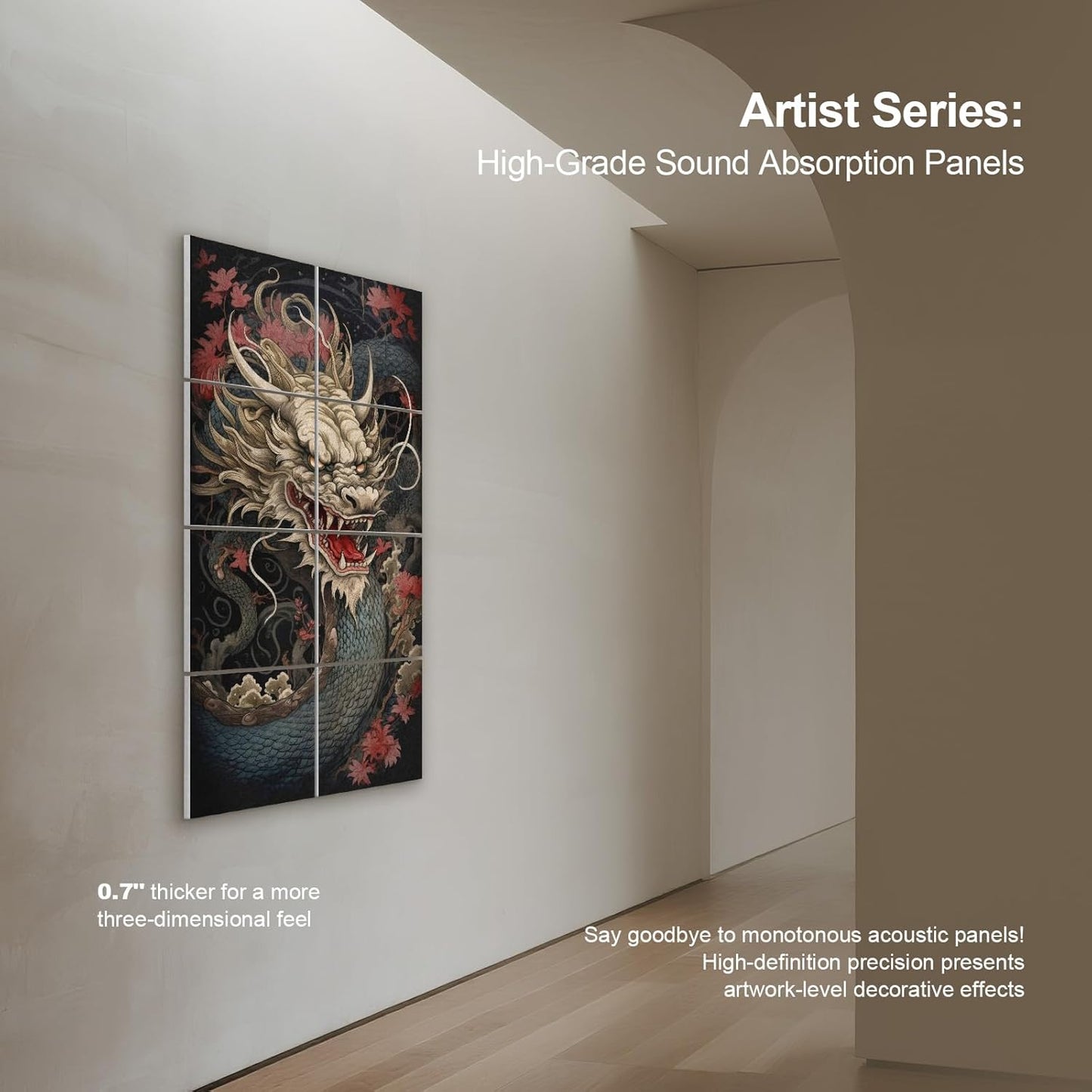 UMIACOUSTICS 8 Pcs 0.7Inch Thick Art Acoustic Panels, Total 47.2” x 23.6” Decorative Sound Absorbing Wall Panels for Home, Office, Hotel, Dragon-pattern-Painting