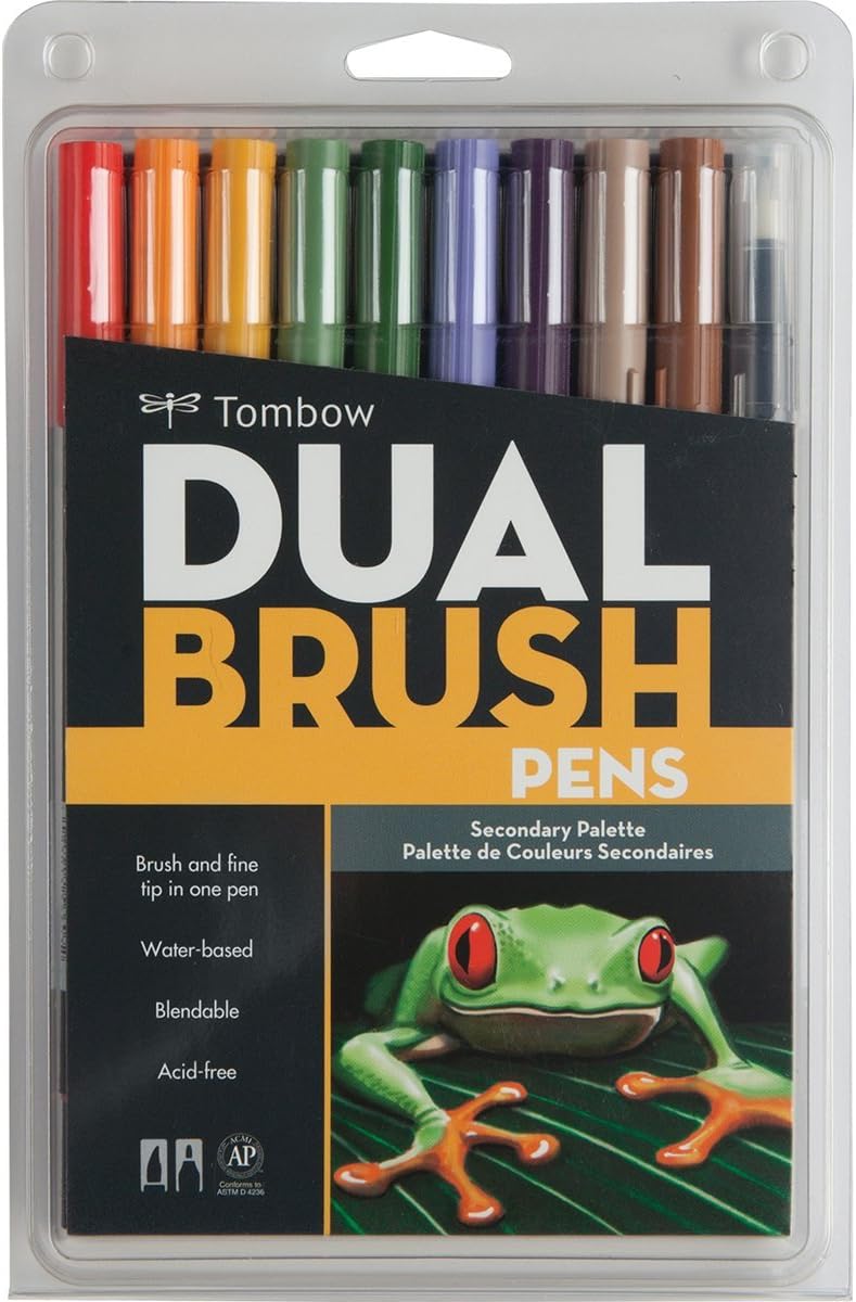 Tombow 56168 Dual Brush Pen Art Markers, Secondary, 10-Pack. Blendable, Brush and Fine Tip Markers