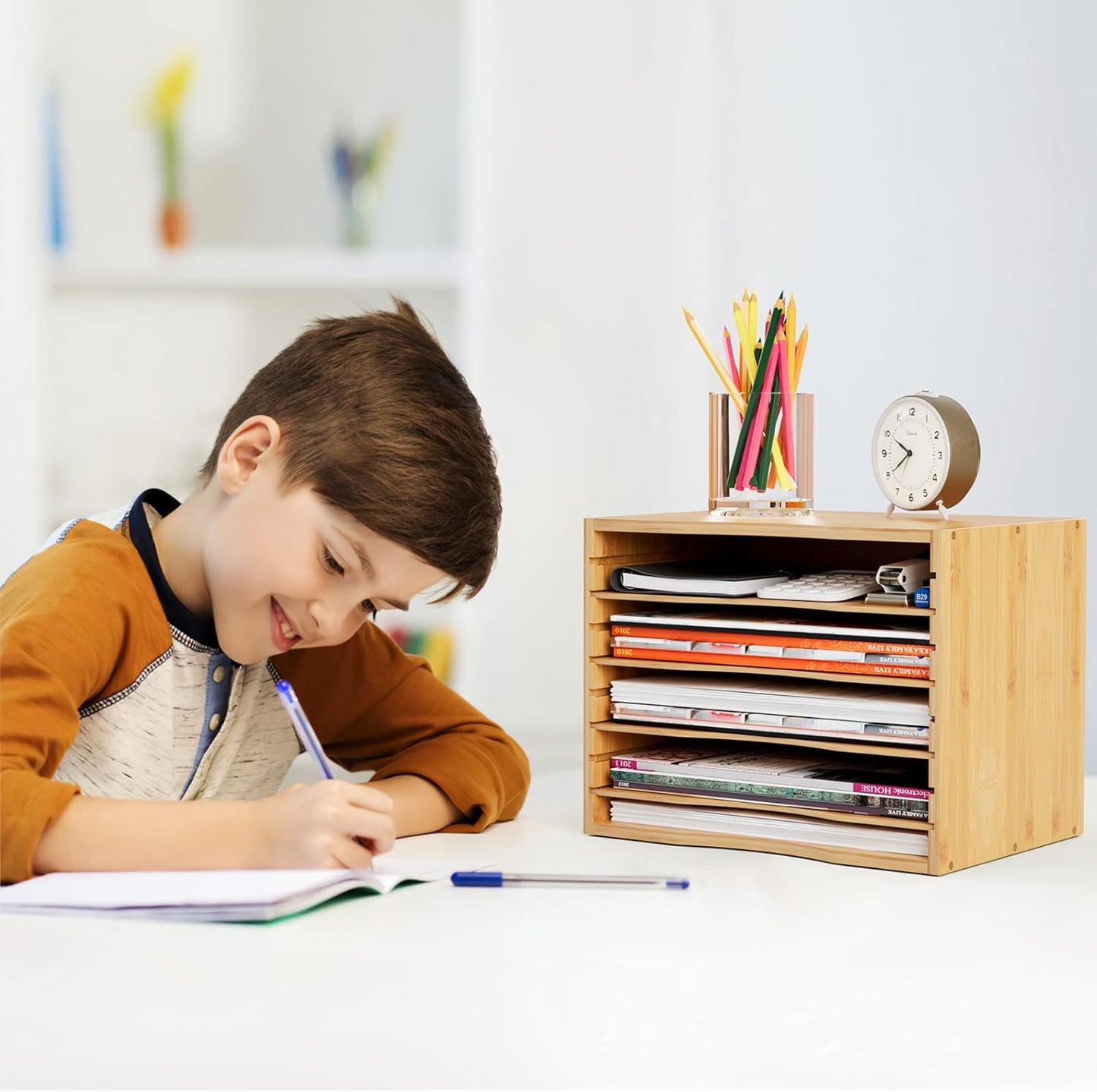 Bamjoy Bamboo 5 Tier Desktop Organizer, Paper Organizer Mail Sorter, File Holder Letter Document Storage with Adjustable Shelves for School Home Office, Natural