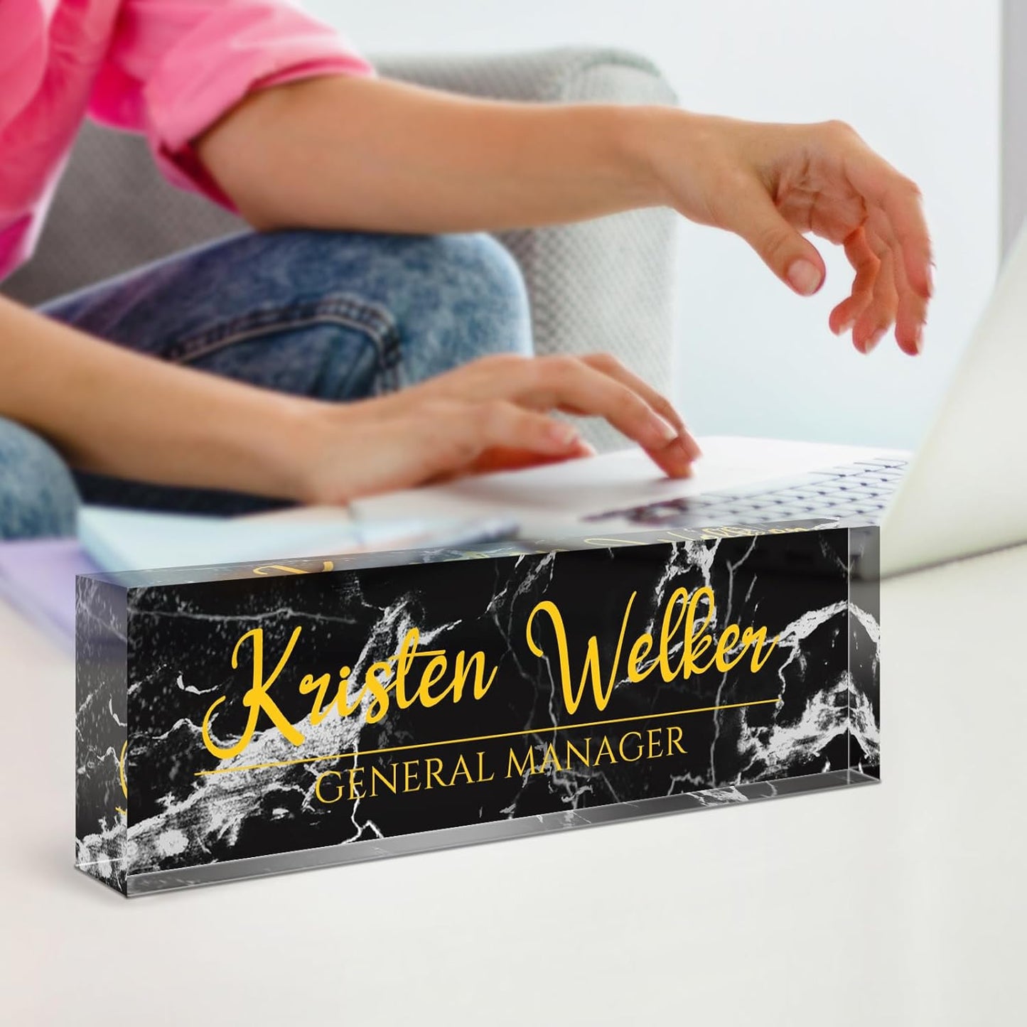 Name Plate for Desk, Desk Name Plate Personalized, Office Decor for Women Men, Acrylic Desktop Accessories, Office Appreciation Gifts for Boss Social Workers Nurse Teacher Employee (Black Marble)