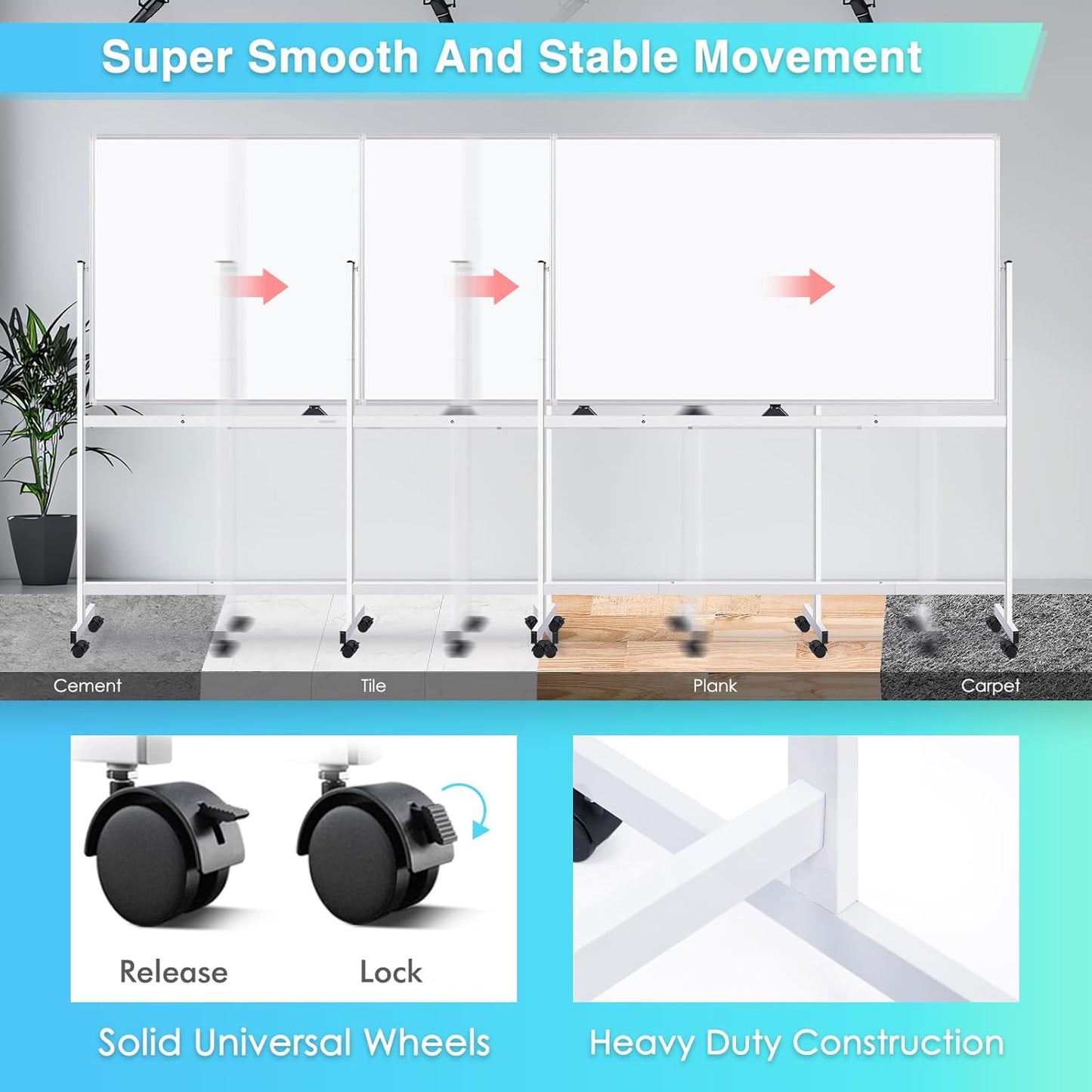 maxtek Rolling Whiteboard 72x40, Large Double-Sided White Board Dry Erase on Wheels, Giant Magnetic White Board Standing for Office, School, Home Office, Homeschool (Sliver)