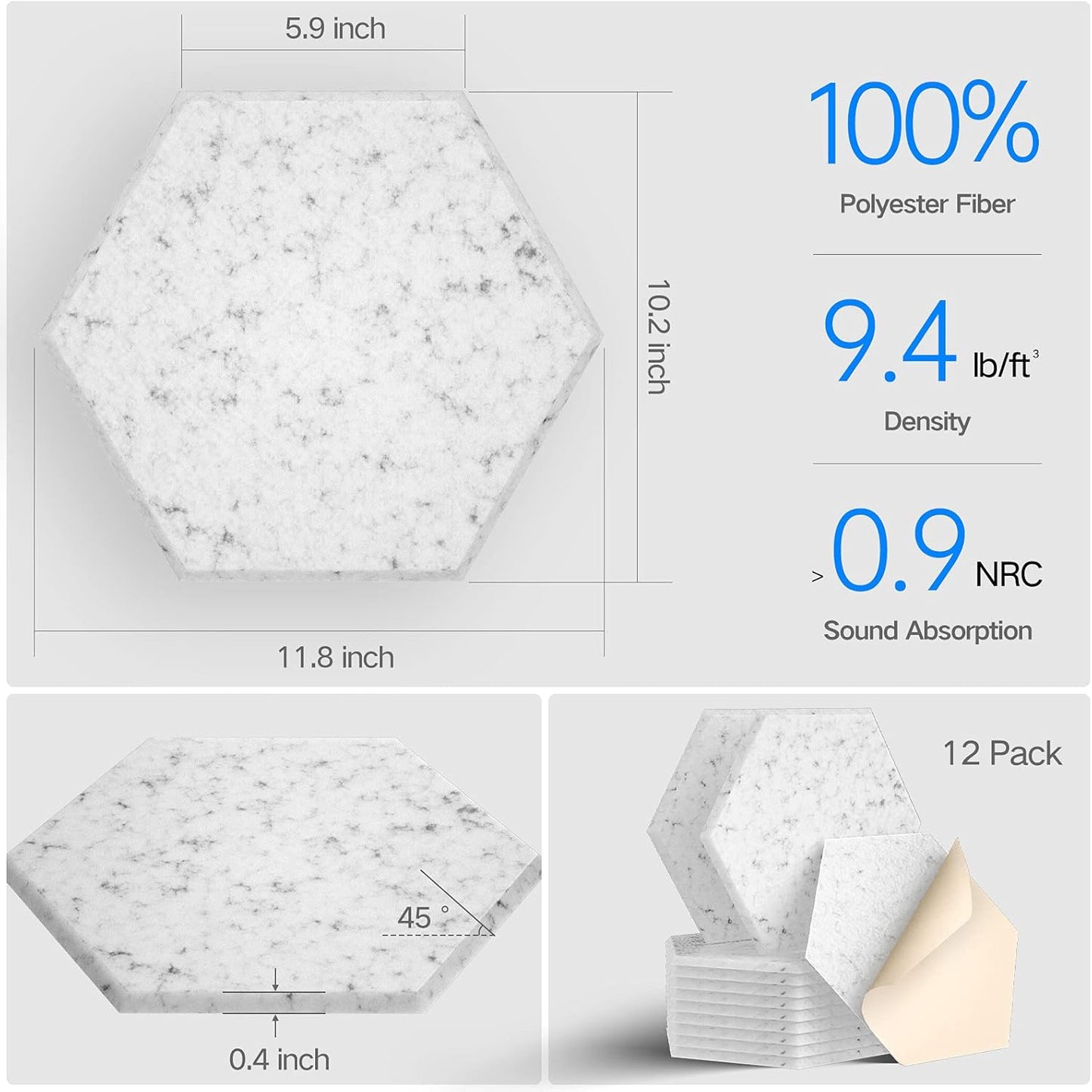22 Pack Self-adhesive Acoustic Panels 12" X 10" X 0.4" - Sound Proof Foam Panels with High Density, Hexagonal Design, Flame Resistant, Absorb Noise and Eliminate Echoes(SilverGray)