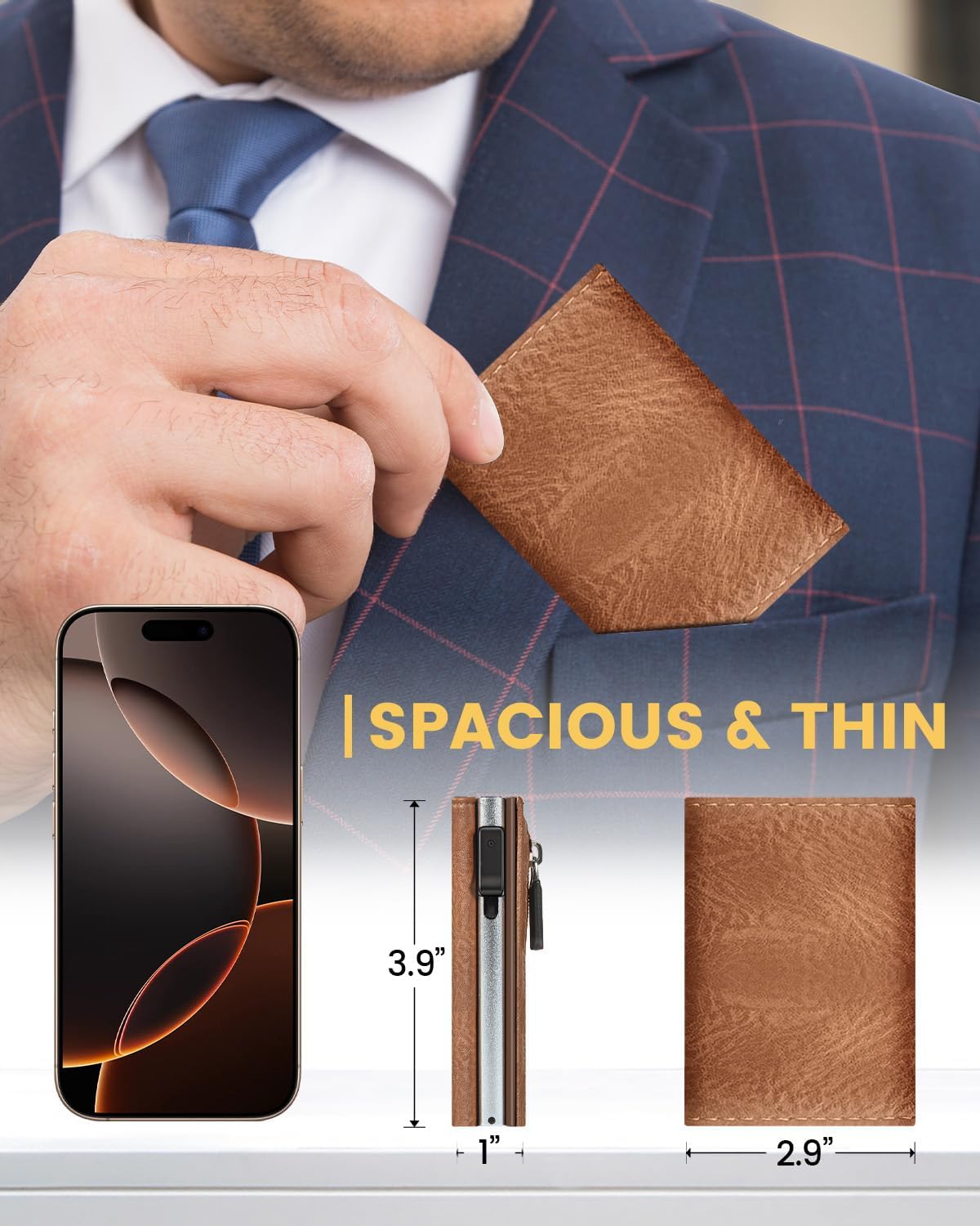 Wallet for Men with RFID Blocking, Minimalist Smart Credit Card Holder with Pop-Up Mechanism, Holds 12-14 Cards, Slim Wallet Includes Coin Pocket & Cash Slot, Genuine Leather, Gift for Men, Brown