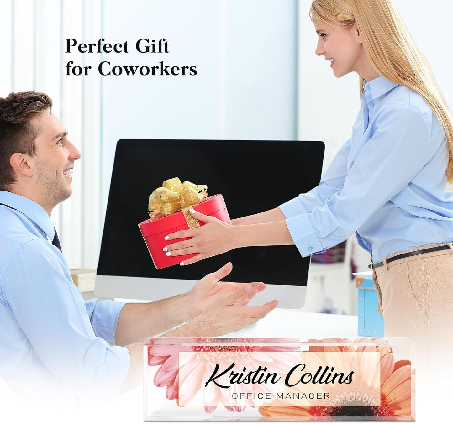 Custom Name Plate for Desk, Acrylic Office Decor For Women Men, Personalized Office Desk Accessories, Teacher Employee Appreciation Gifts For Social Worker Boss Coworkers (Sunflower)