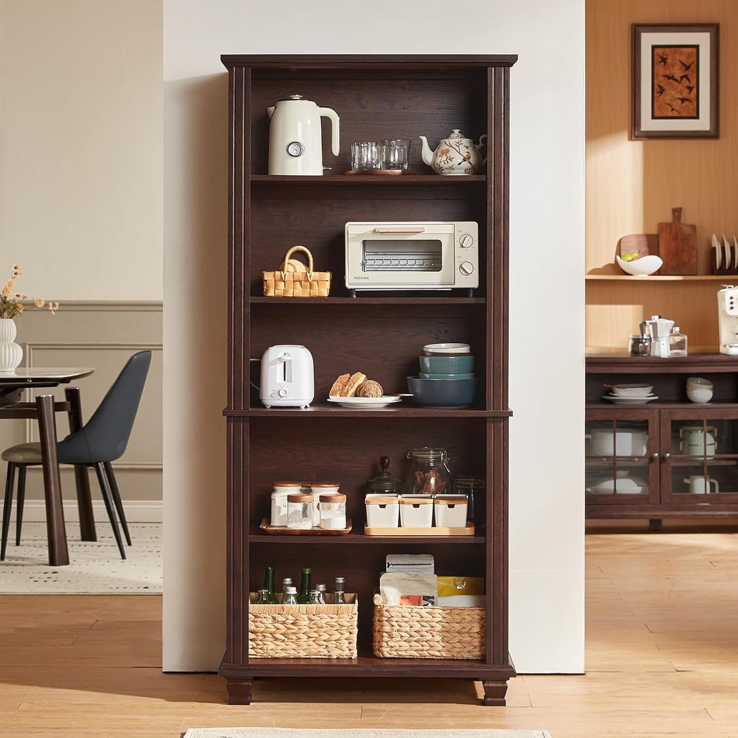 70" Tall Walnut Bookshelf,5 Tier Wooden Book Shelf with Adjustable Shelves & Wood Legs,Free Standing Farmhouse Bookcase with Open Display Storage,Vintage Bookshelves for Classroom, Office
