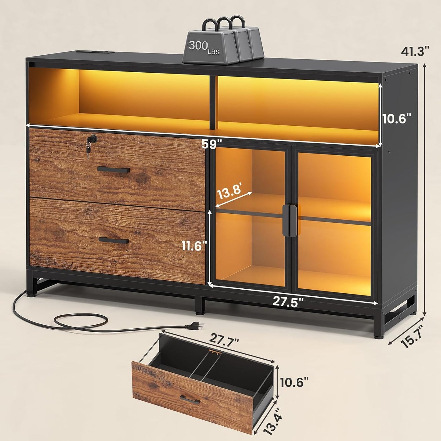 SEDETA 59" File Cabinet, 2 Drawers Filing Cabinets for Home Office fit Legal/Letter/A4 File, File Cabinet with Lock & Power Outlets, Printer Stand with Storage & LED Lights, Rustic Brown