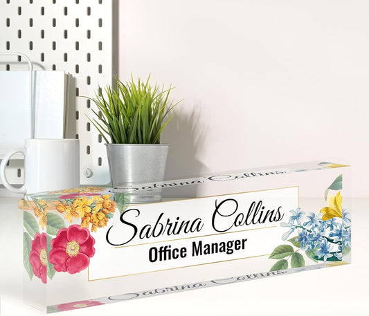 Name Plate for Desk, Desk Name Plate Personalized, Blue Office Decor for Women Men, Acrylic Desktop Accessories, Office Gifts for Boss Nurse Teacher Coworker, Employee Appreciation Gift (Flowers B)