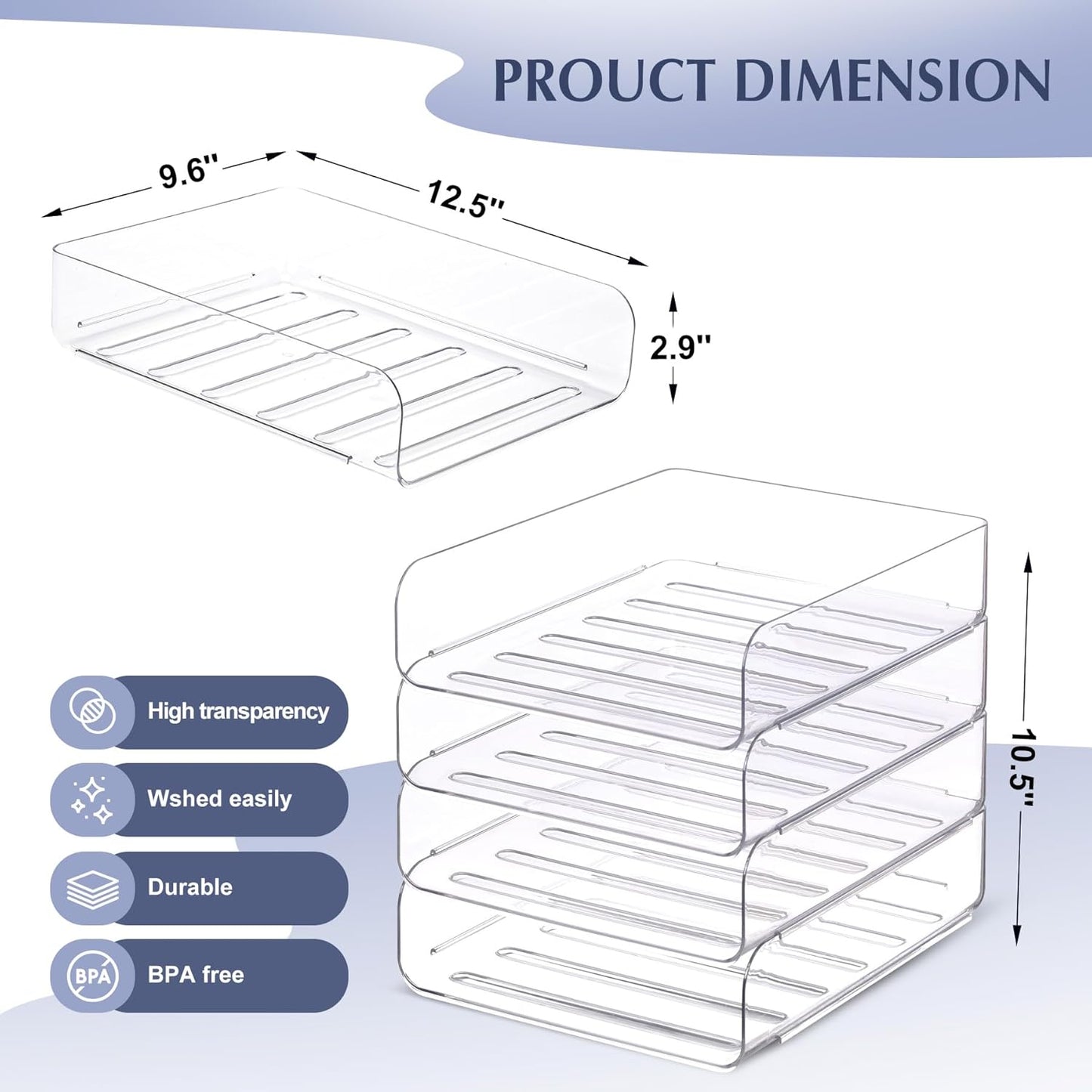 4 Pack Stackable Paper Letter Tray, Clear File Organizer for Desk, Office Organizer and Storage for Desk Accessories, Notes, Books, File Paper, Document