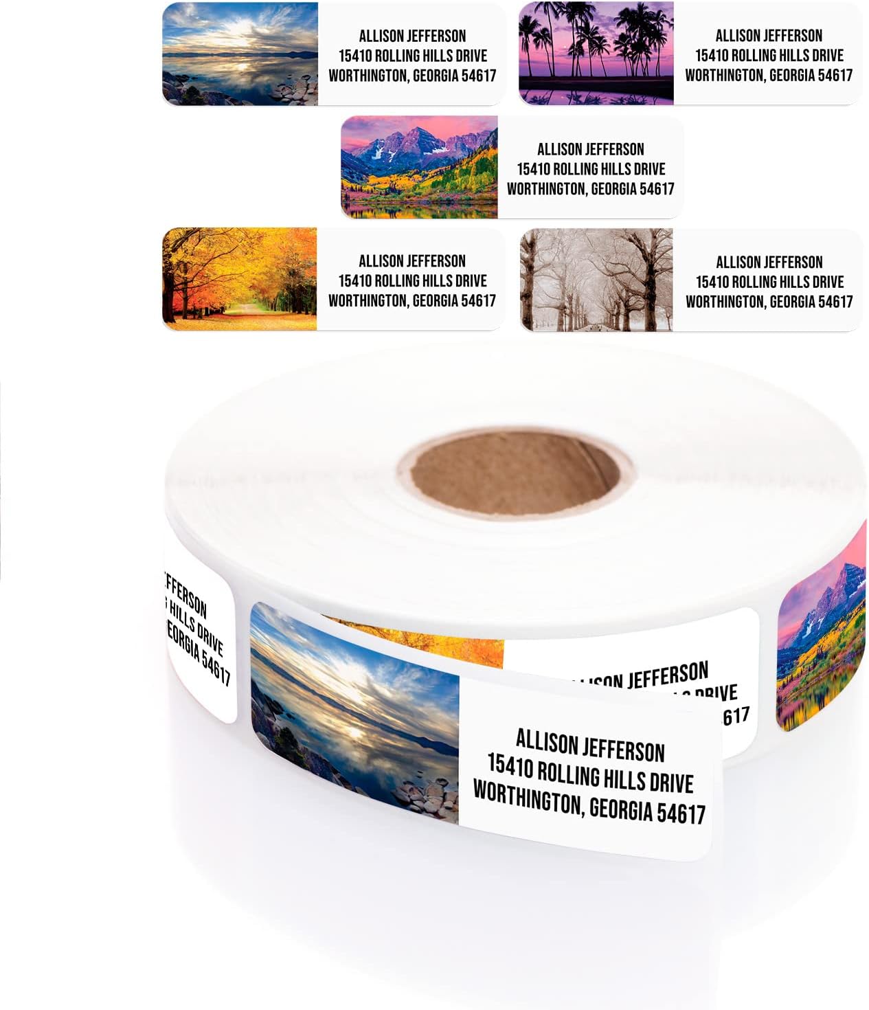 Scenic Landscape Rolled Address Labels / 250 Personalized Return Address Labels/Designer Address Stickers in Elegant Plastic Dispenser