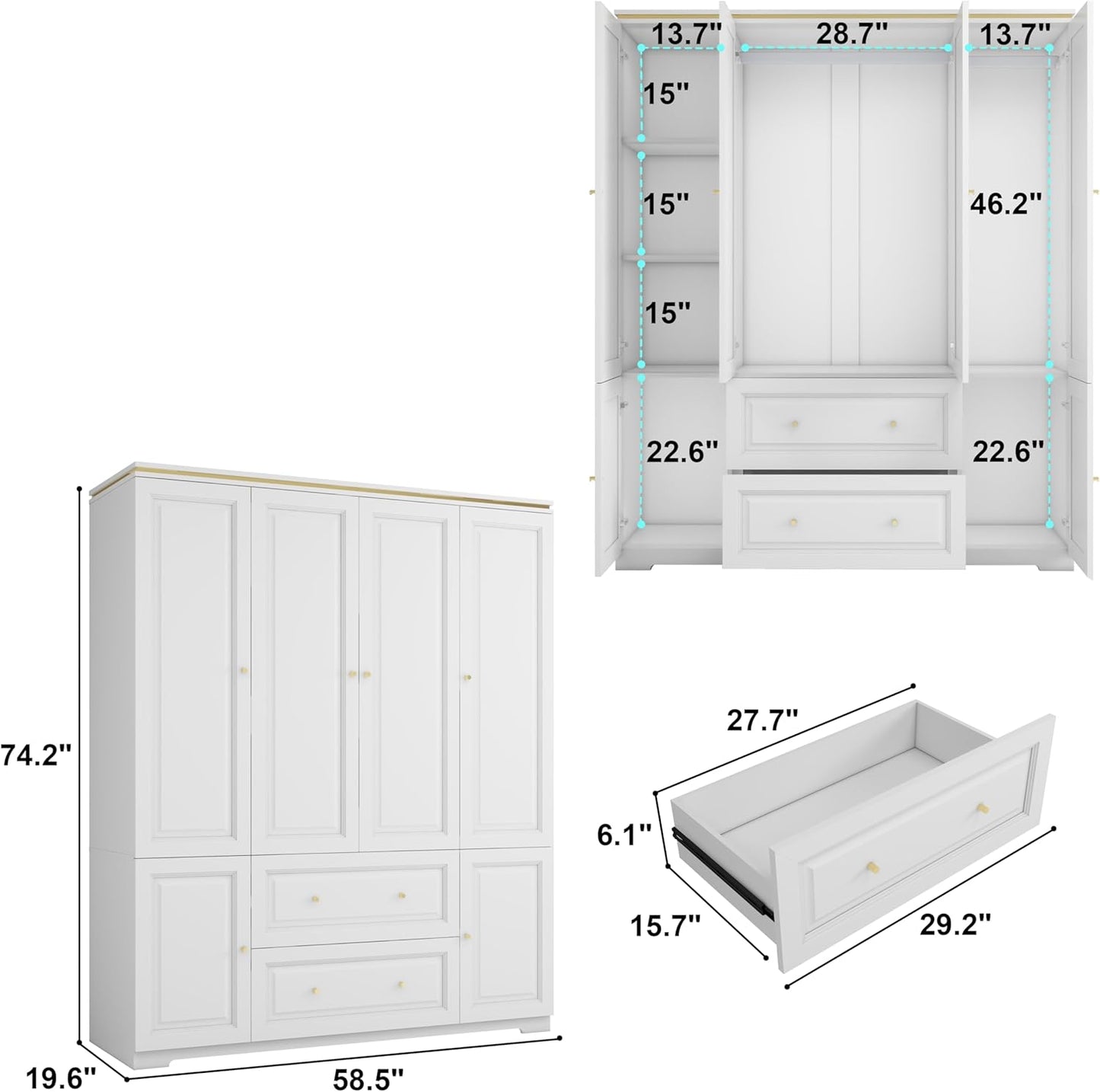White Armoire Wardrobe Closet with Drawers: Wardrobe Closet for Hanging Clothes, Modern Bedroom Armoires with Hanging Rod, Wardrobes Closets with 4 Doors and Shelves (White, 59")