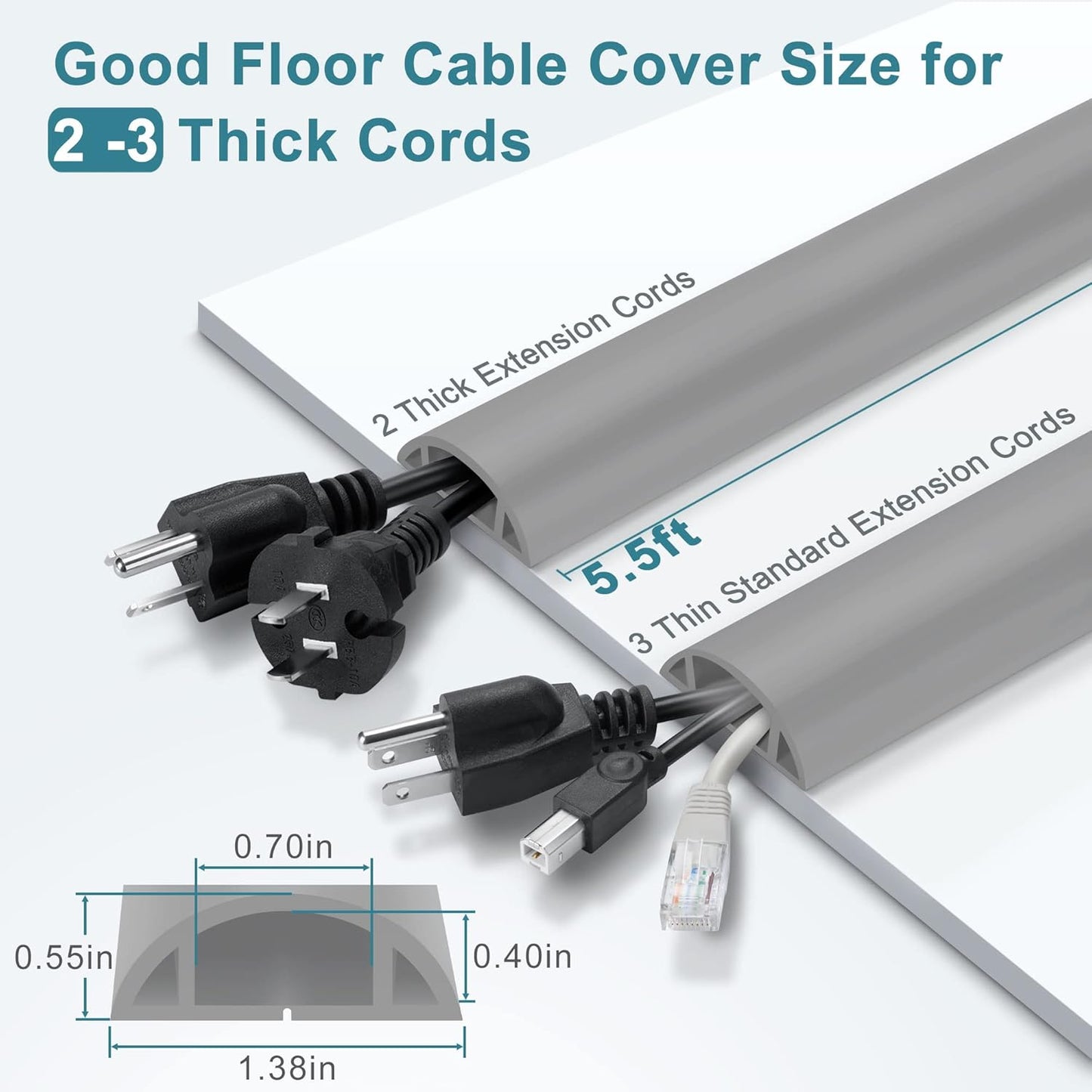 5.5FT Floor Cord Cover, Grey Soft Cable Cover Floor, Large Size Extension Cord Covers for Floor, Power Cord Protector Floor Wire Cover - Cord Channel Diameter: 0.7" (W) x 0.4" (H)