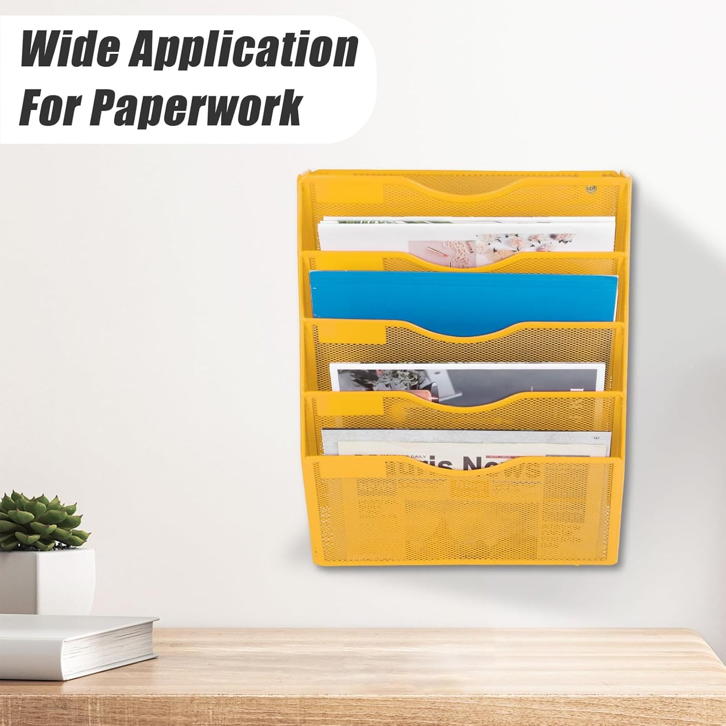 EASEPRES 5 Pocket Mesh Hanging Wall File Organizer, Wall Mounted Mail Paper Document Folder Holder, Clipboard Storage Organization Magazine Rack with Nametag Label for Office Home School, Yellow