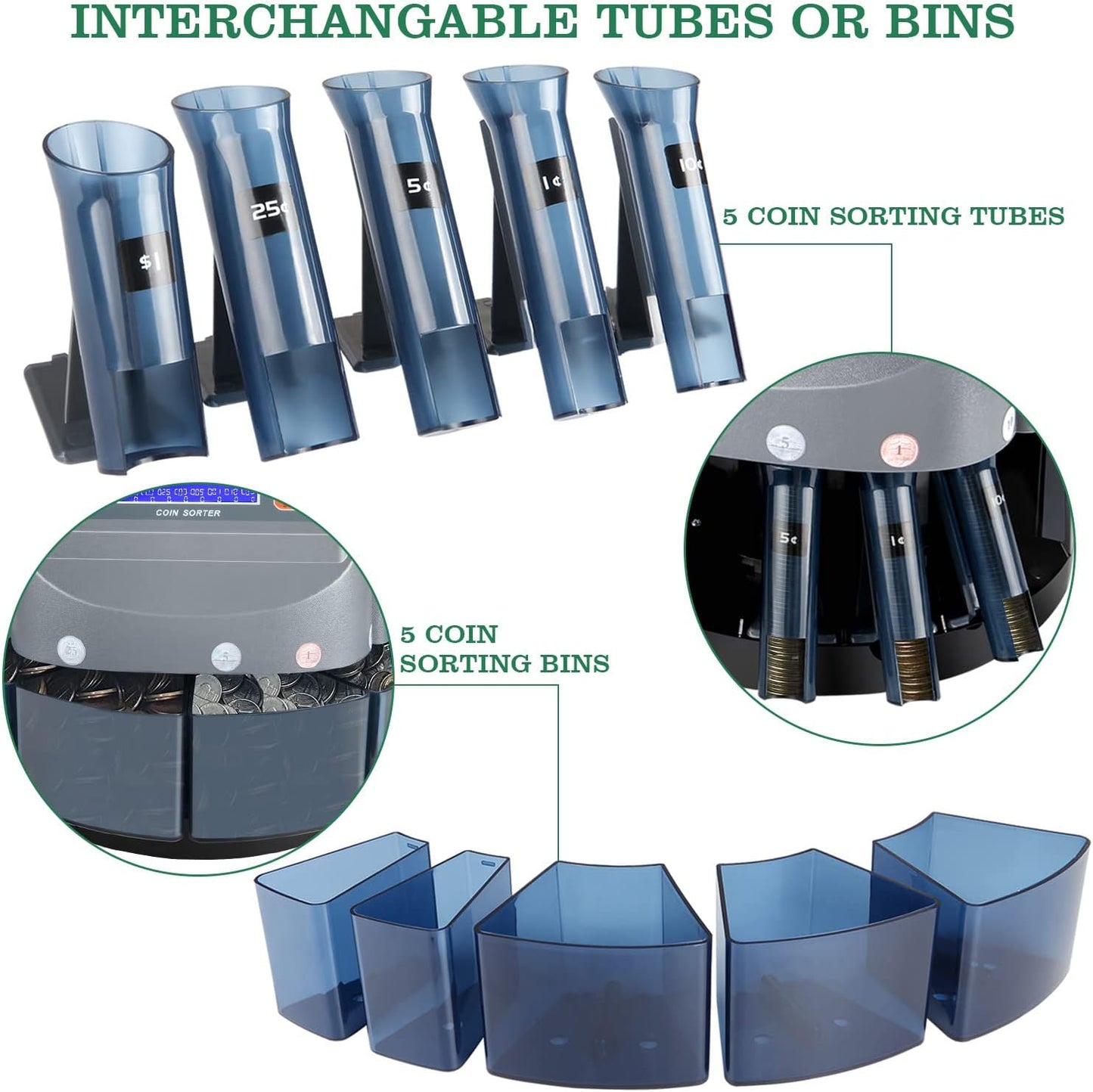 8T8 USD Coin Counter Machine - Professional Automatic Coin Sorter and Wrapper/Roller with LCD Display and 5 Coin Bins and Tubes