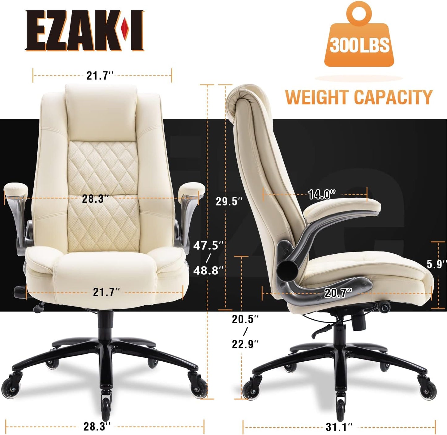 EZAKI High Back Office Chair-Flip-up Arms Executive Computer Desk Chair, Built-in Lumbar Support Thick Padded Adjustable Rock Tension Ergonomic Design for Back Pain (Beige)