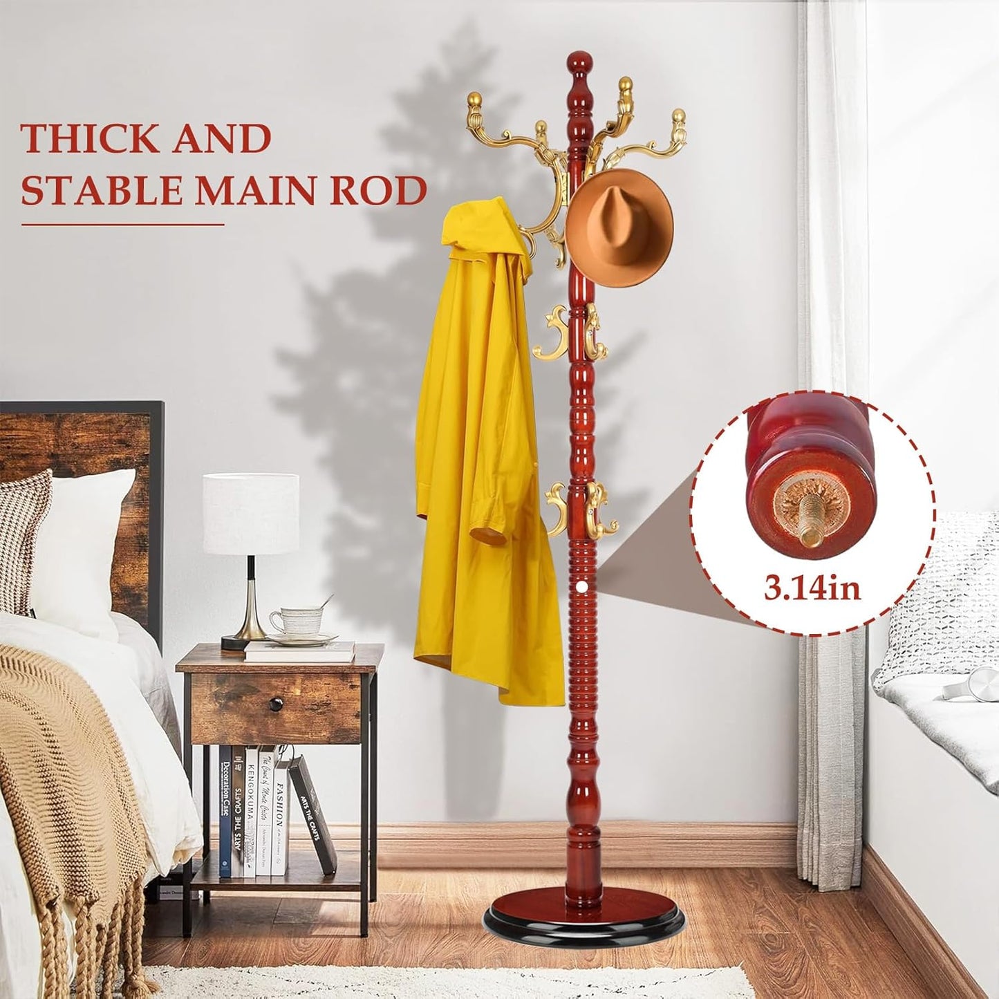 Wood Coat Rack Freestanding, Natural Coats Tree Stand with 14 Hooks, 73" Sturdy and Easy Assembly Coat Rack Stand for Entryway, Hallway, Bedroom, Bags, Hats (Heavy-duty Disc Base, Golden)