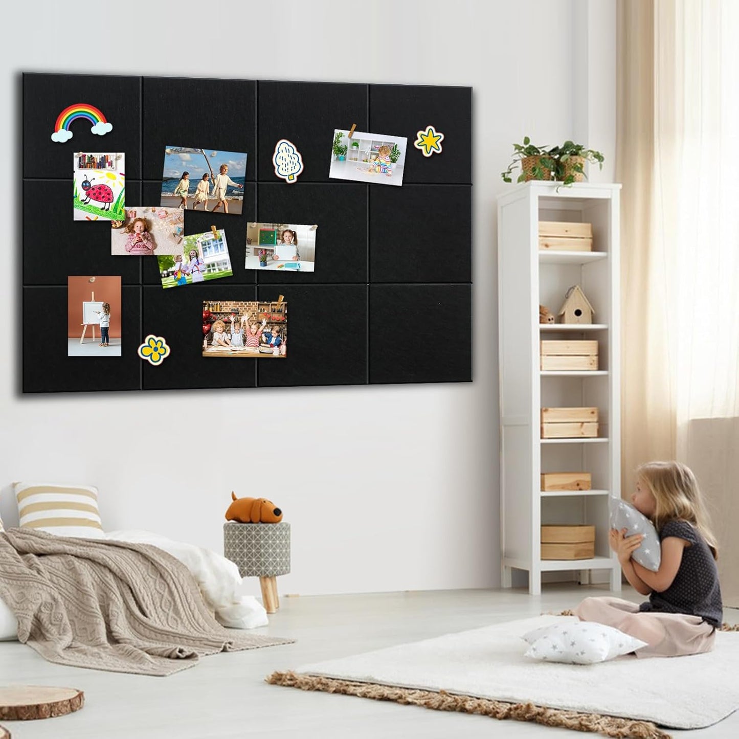 Black Cork Board 48" x 36" - 12 Pack Felt Wall Tiles with Safe Removable Adhesive Tabs - Large Cork Board for Office Classroom Home Walls Decor - Black