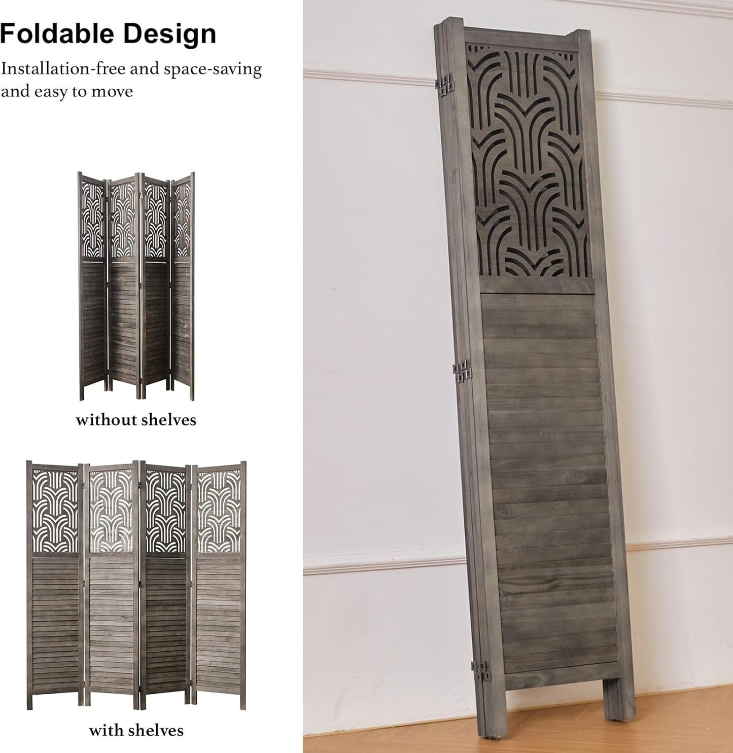 Folding Room Divider, 66.9 Inch 4 Panels Wood Carved Privacy Screens, Free Assembled Freestanding Portable Separation Wall for Home Office Restaurant Bedroom (Gray)