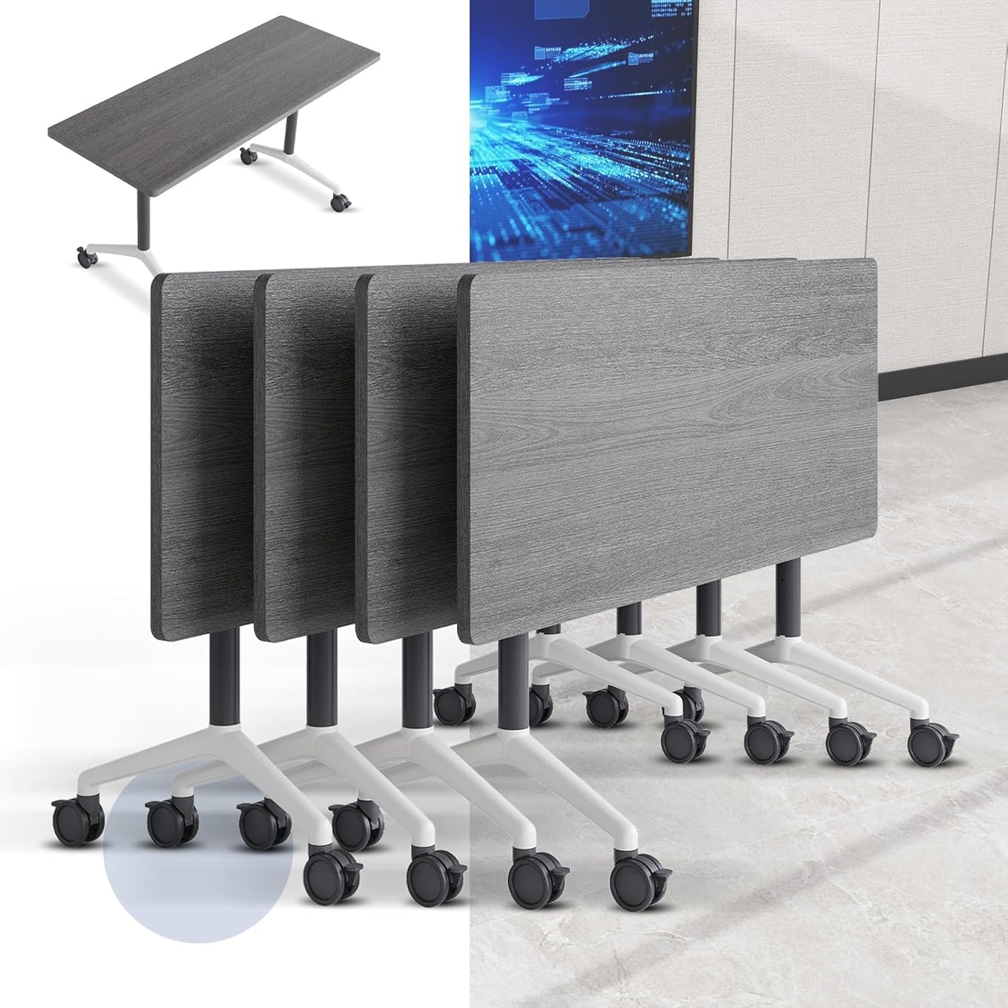 Folding Conference Table, Mobile Training Table for Office Conference, Modern Modular Rectangular Work Desk Meeting Seminar Work Tables with Caster Wheels, Large Breakroom Tables (4Pack L47.2in)